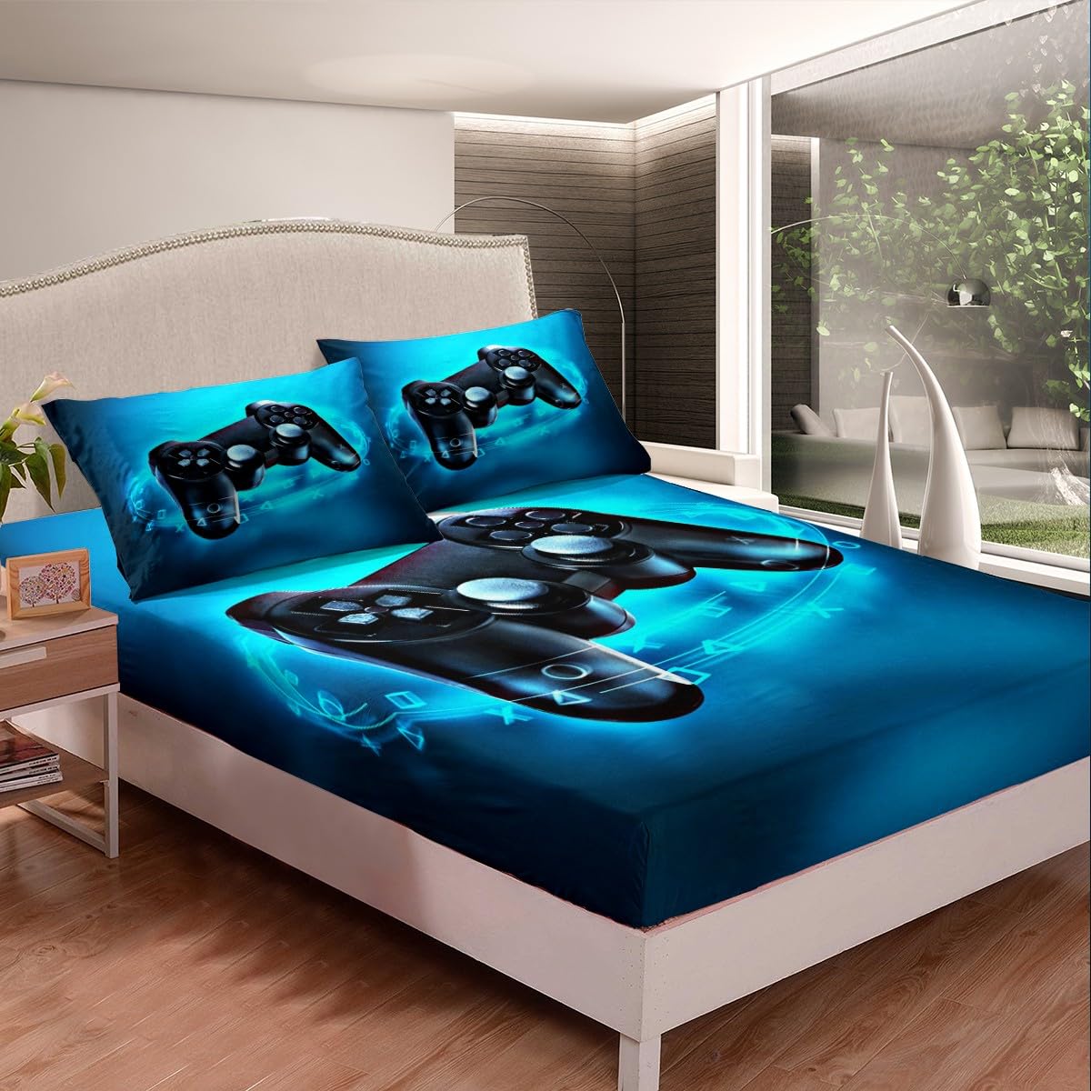 Loussiesd Boys Game Fitted Sheet 100% Microfiber Breathable Video Game Gamepad Gaming Only Bedsheet No Pillowcases Fitted Sheets Luxury Blue Double(135x200+30cm) - Image 3