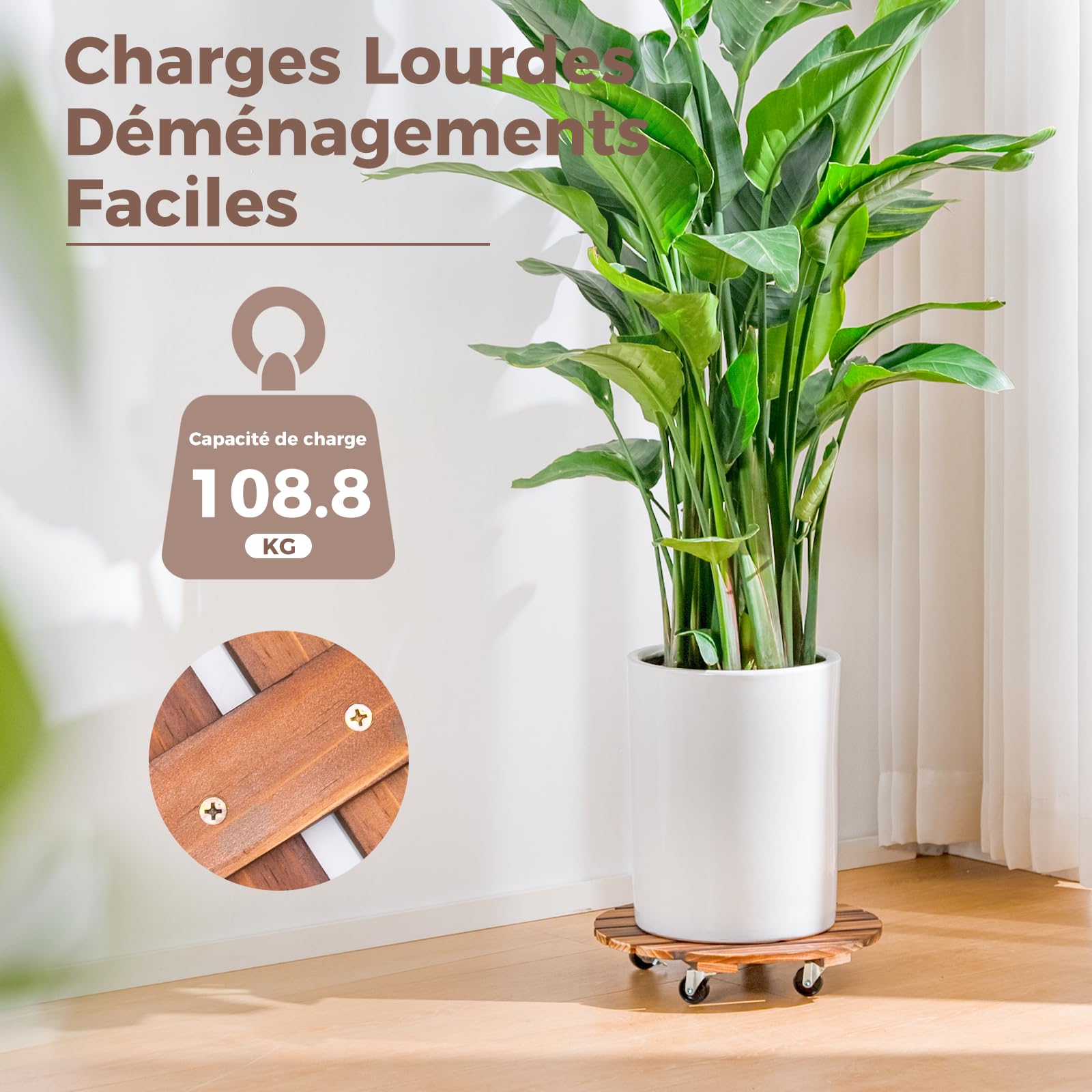 Bamworld Porte Plante à Roulettes, Lot de 2 Plateaux Roulants 30,5 cm, Capacité 100 KG, Marron Foncé
