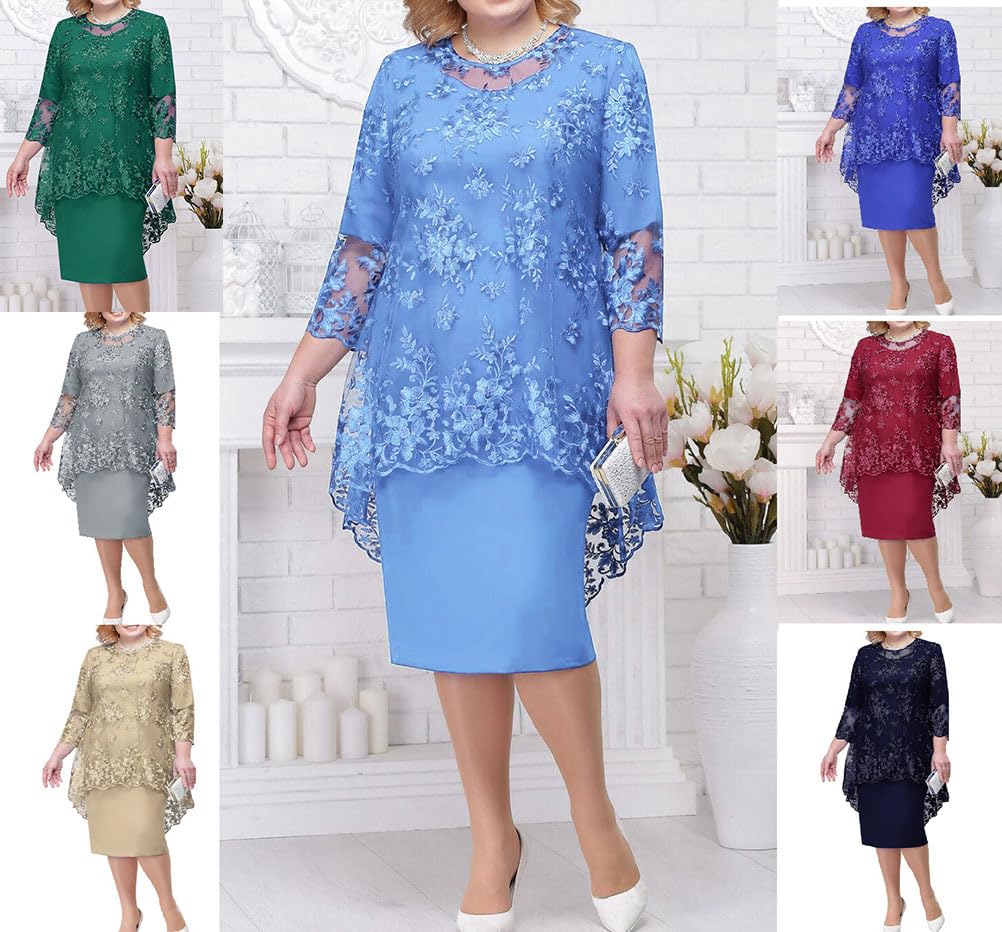shownicer Vestito Due Pezzi Donna Elegante Ricami Pizzo Vestiti Manica 3/4 Taglie Forti Vestito da Sera Cerimonia Cocktail Abiti al Ginocchio
