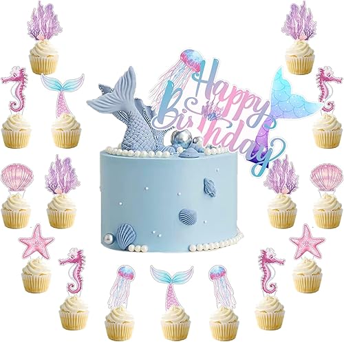 Miniatura 1 de 49 piezas de decoración de pastel de sirena con purpurina para decoración de pastel de fiesta de cumpleaños, baby shower, boda, decoración de