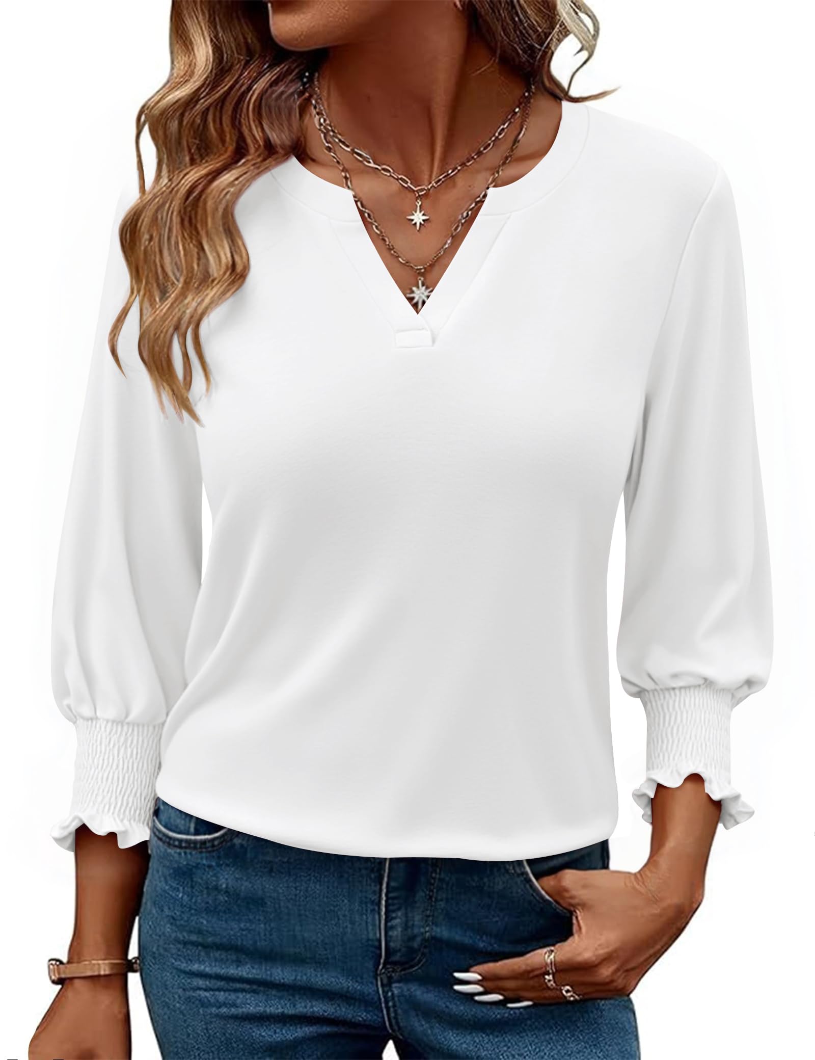 Gyabnw Damen Bluse mit V-Ausschnitt und 3/4-Ärmeln Elegantes Lockeres Blusenshirt Bequem und Hautfreundlich