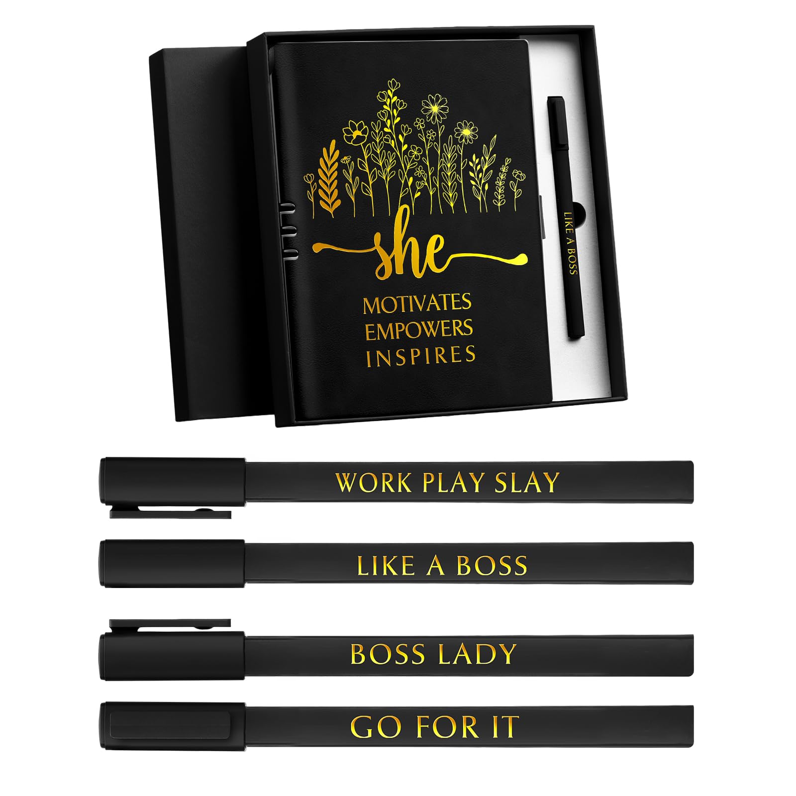 Set de escritorio para oficina con cuaderno de cuero y boligrafos motivacionales de regalo
