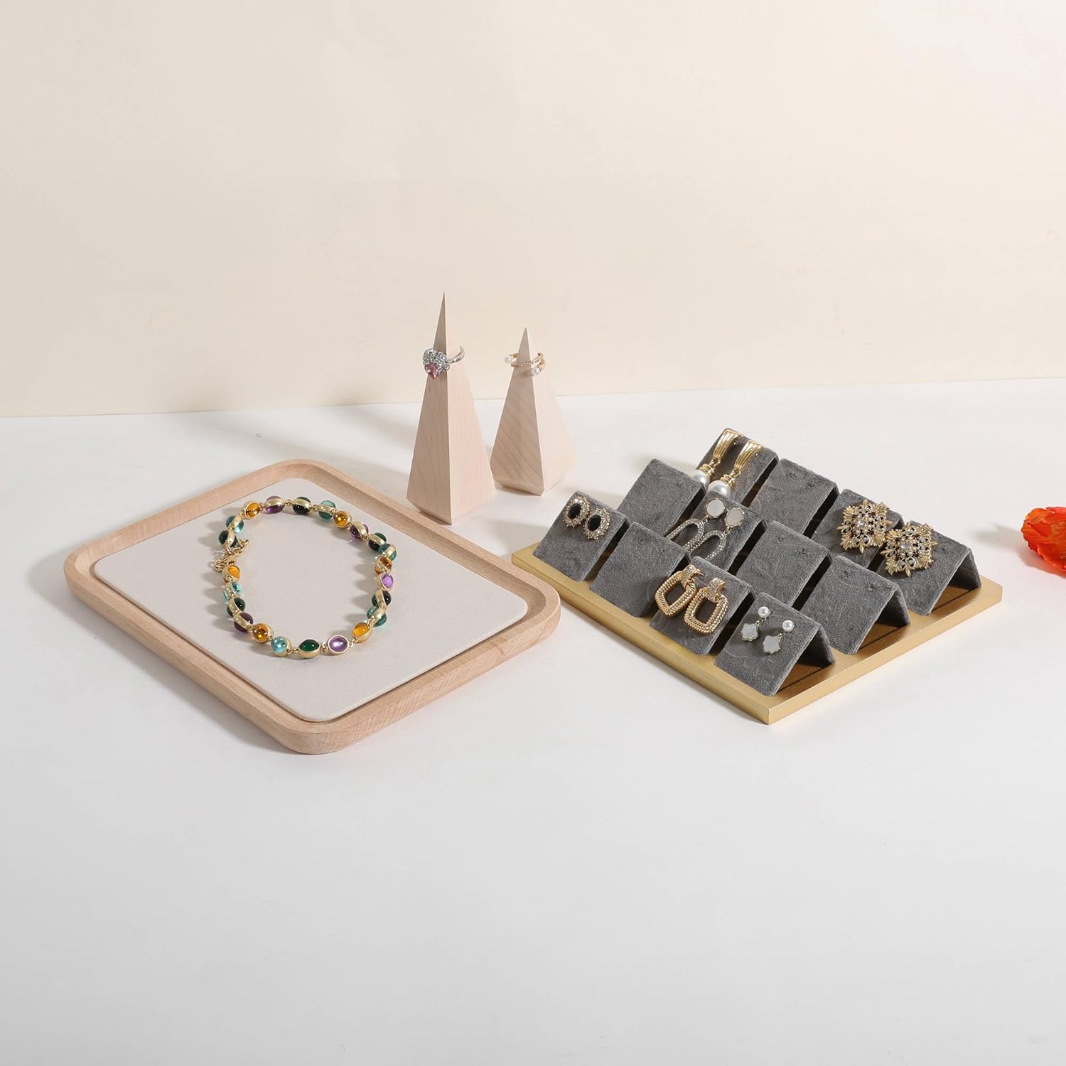 GemeShou velvet Jewelry organizer tray, Beech wood Jewelry Display Plate, Beige Jewelry Viewing Tray, Jewelry showcase tray for Necklace Bracelet Ring Earring stand holder (Cream-Large, 9.8x 7.1 in)