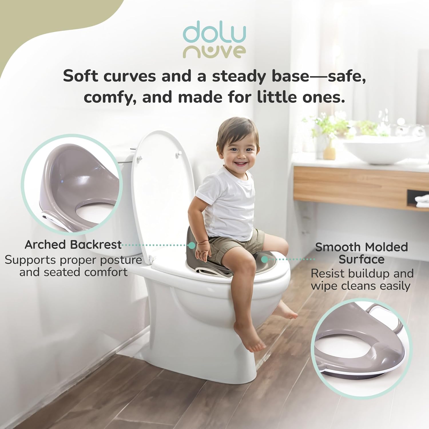 Dolu Nuve Toddler Toilet Training Seat Insert with High-Arched Backrest, Slide Handles and Easy to Clean, for Children 18+ and Older, Grey