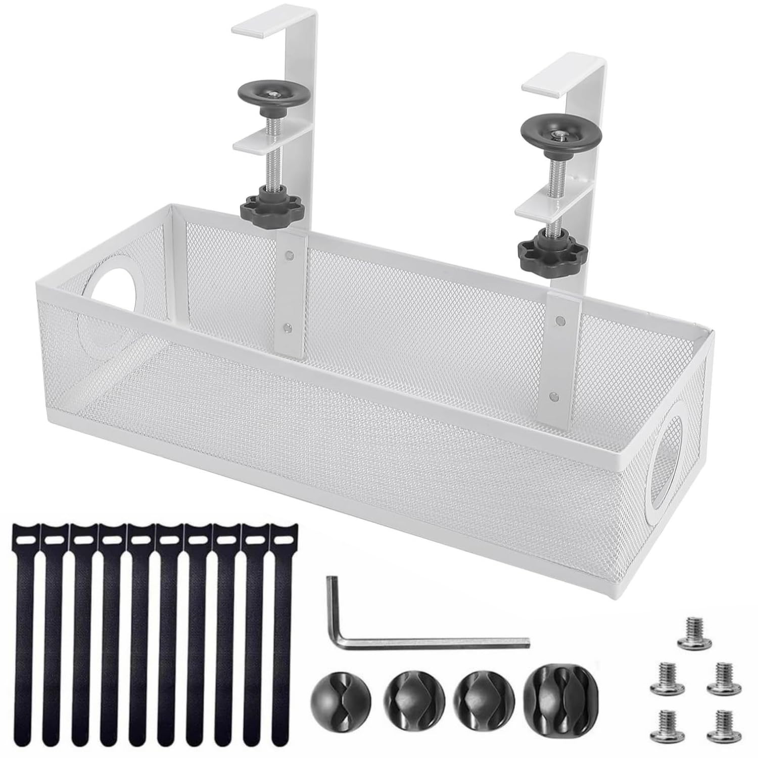 Dyazo Adjustable Under Desk Cord Organizer | Screw Clamp Mesh Tray for Power Extension & Computer Wires | Includes Cable Clips & Tighteners Straps | Perfect Cable Management Holder for Office – White