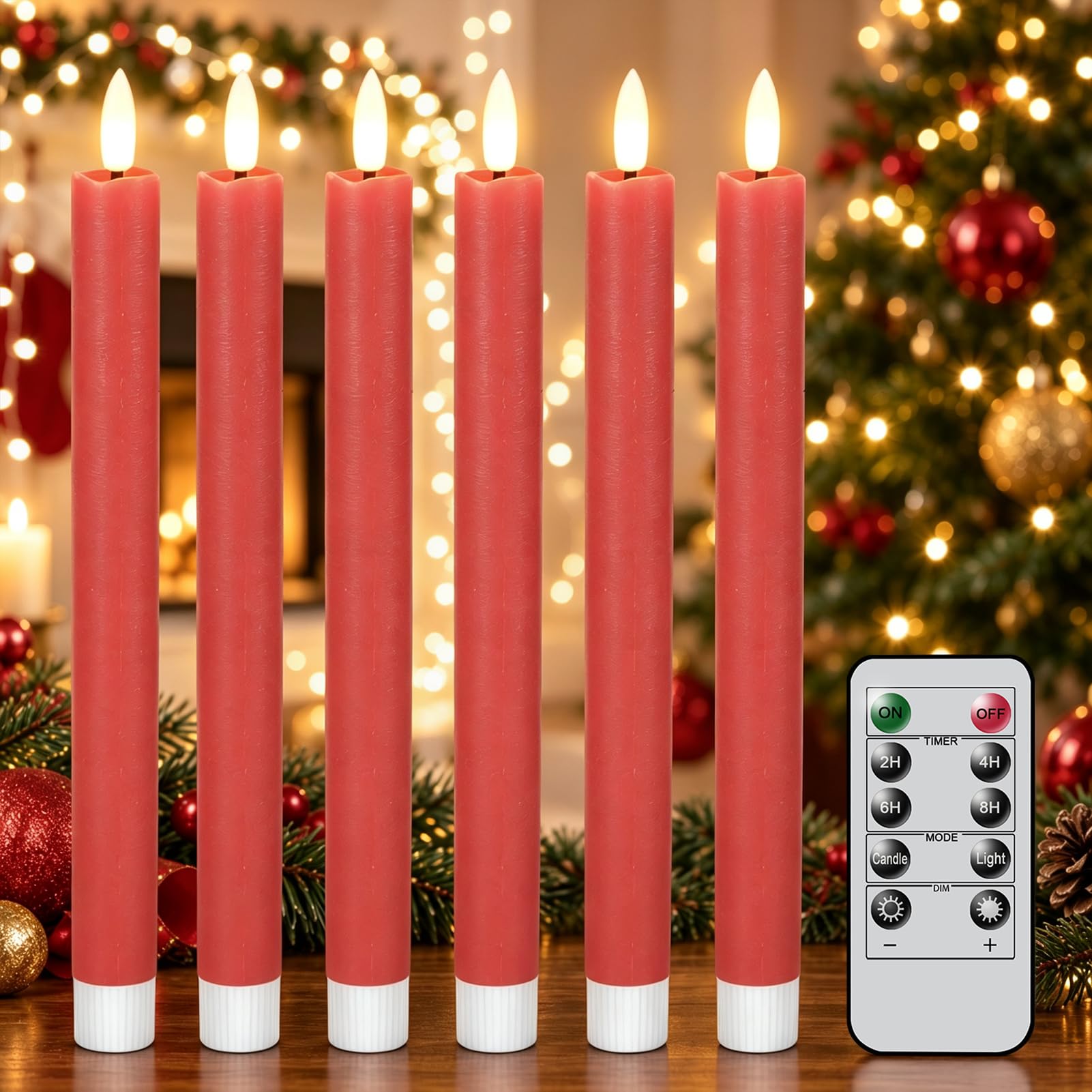 Eldnacele LED Stabkerzen Rot mit Timerfunktion und Fernbedienung, 6er Set