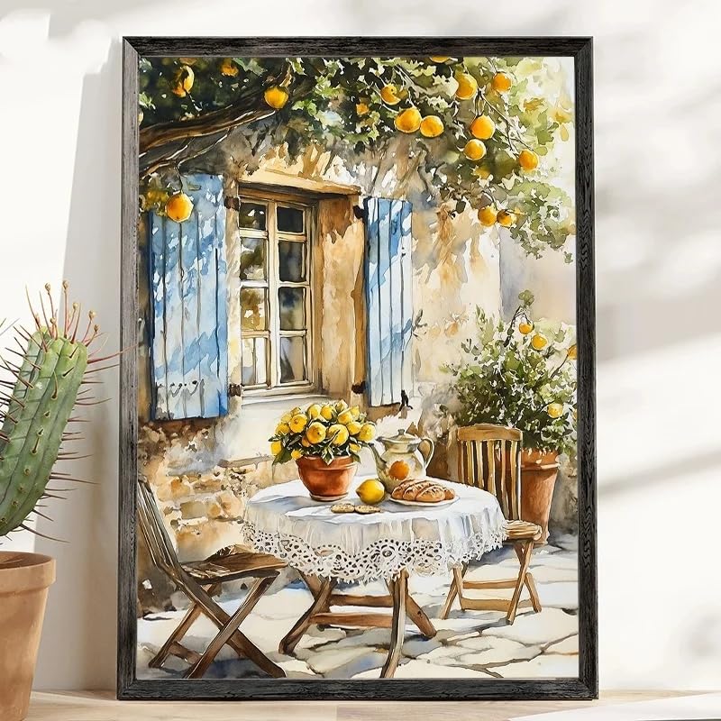 Decoración campestre francesa fina mediante lienzo de limoneros en acuarela texturizada