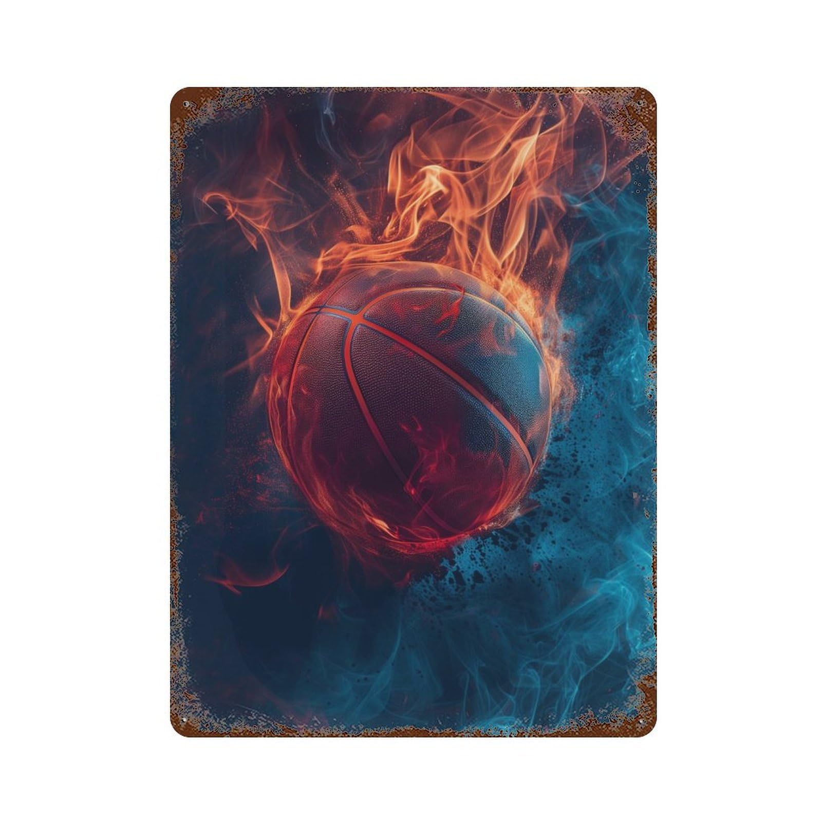 Flaming Basketball Wallpaper -1 15.7"x11.8" Weathered Tin Sign, Rustic Home Decor for Living Room, Hallway And Home Decor