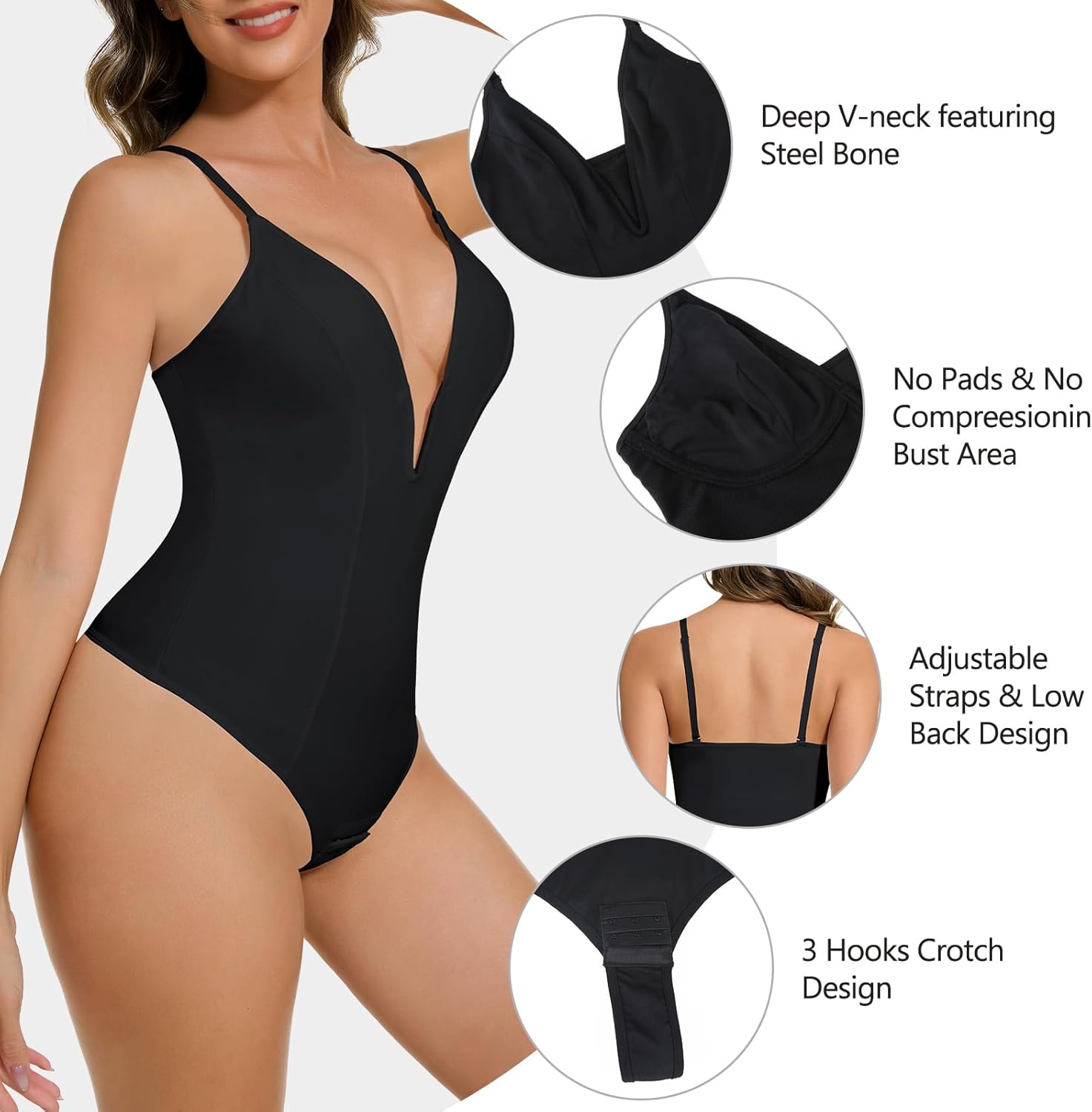 Deep V Bodysuit for Women Thong Shapewear Tummy Control Low Back Shapewear for Women - Image 4