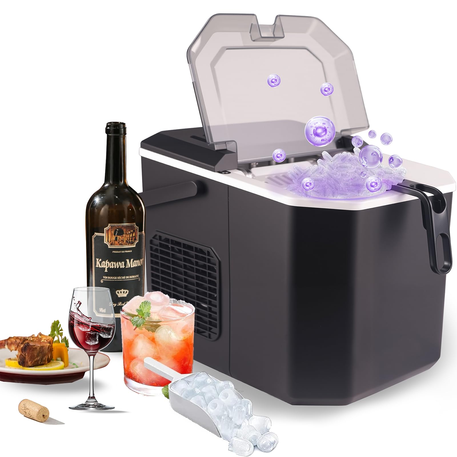 Countertop Ice Maker with UV sterilisers,Portable Ice Maker Machine Self-Cleaning,15KG/24Hrs,6 Mins 9 Ice with Handle & Ice Scoop and Basket, Ice Machine for Office/Party,Home, Kitchen, Camping