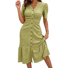 Women Embroidery Dress, V Neck Short Puff Sleeve Front Button Ruched Dress
