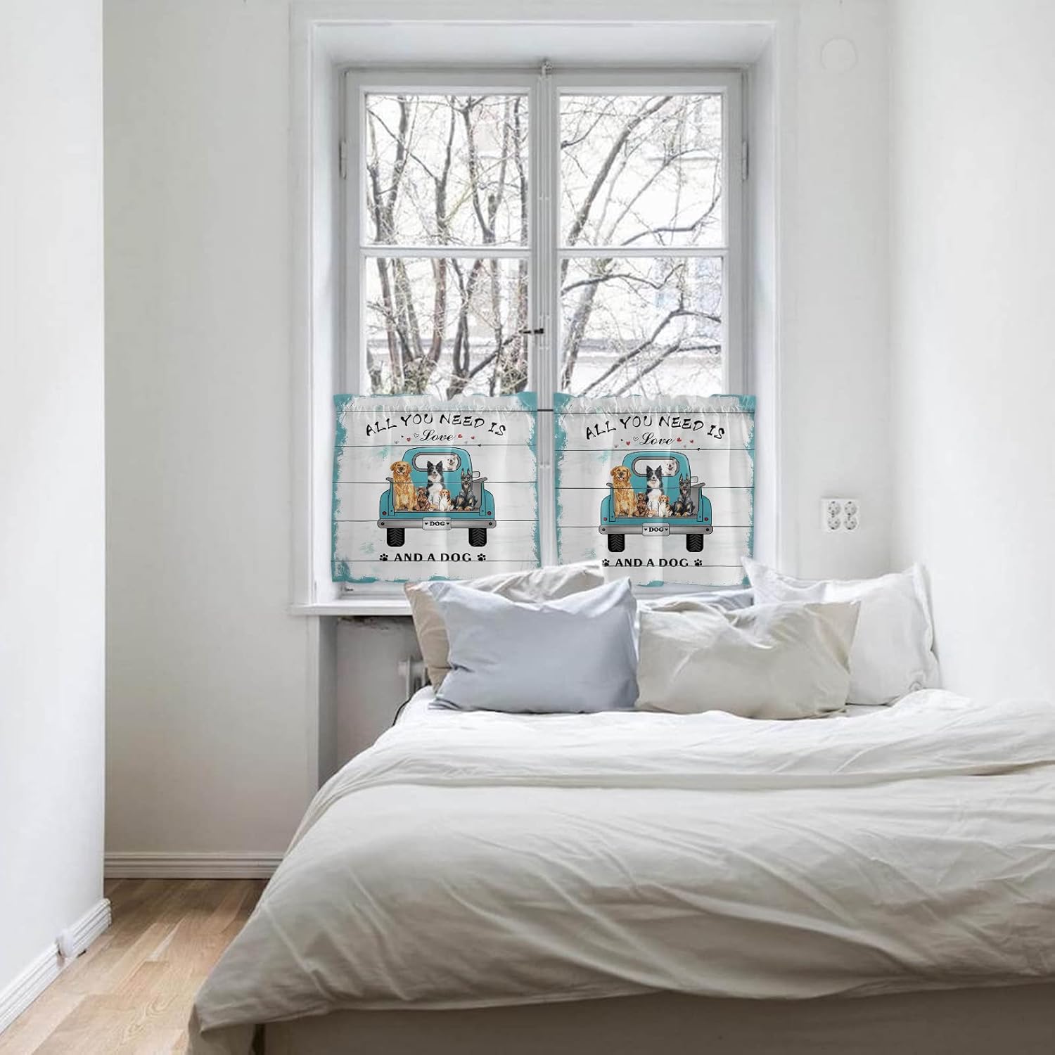 Z&L Home Rod Pocket Valance Curtains for Kitchen, Blue Classic Truck with Dogs Window Valances Short Country Vintage White Wood Grain 2 Panels Drapes Treatment Living Room Bathroom Decor, 27.5x24inx2