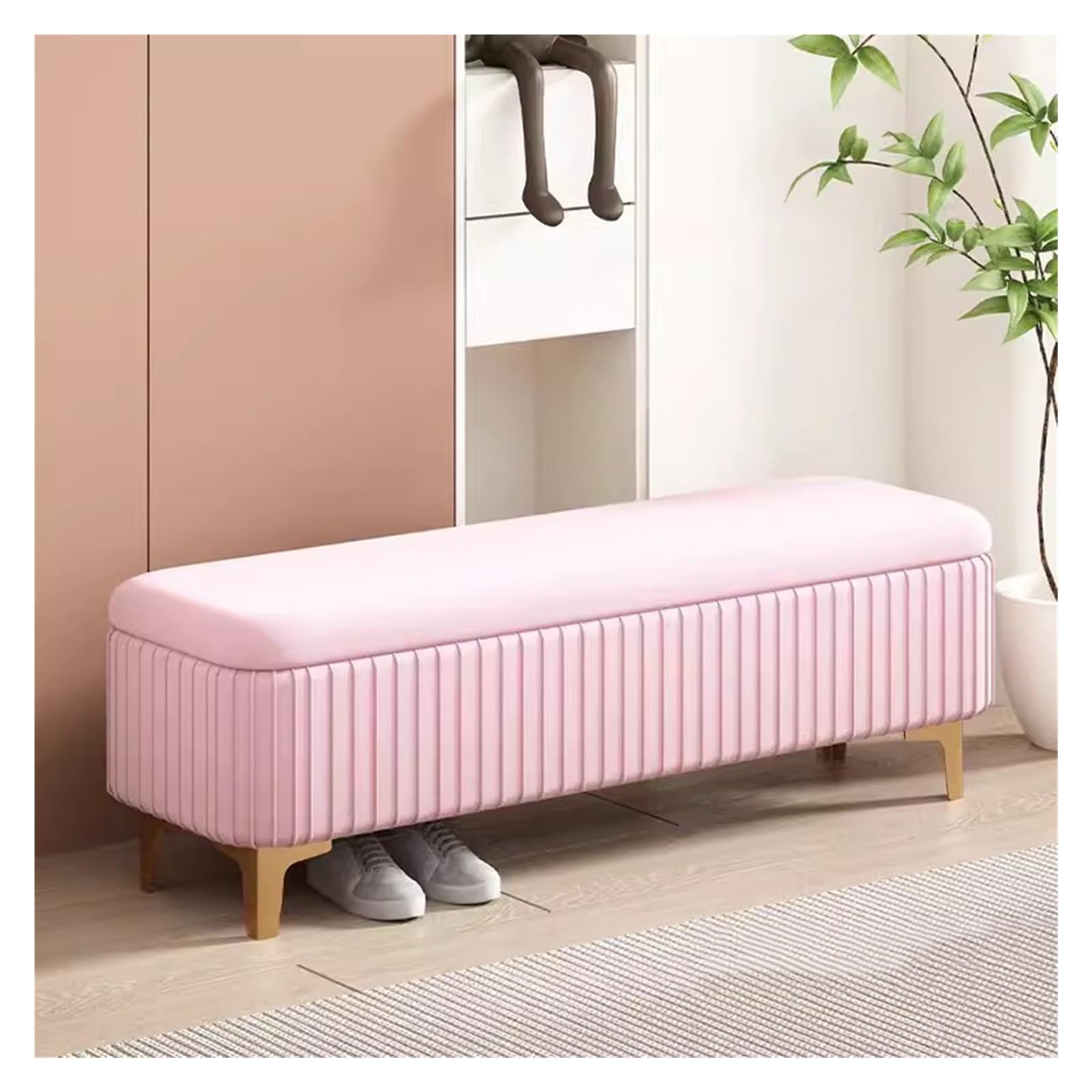 WDSOPK Velvet Ottoman Storage Bench Upholstered Bench with Gold Legs,Upholstered Footstool for Entryway Living Room Dining Room,Rectangle Storage Chest（Pink-80CM）