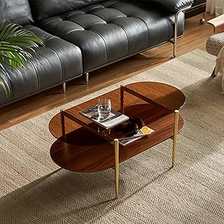 Saint Mossi Oval Glass Coffee Table for Small Living Room, Double Layer Glass and Wood Center Table, Brown Glass & Coffee Brown MDF Bottom Shelf, 41”x21 x17, Gold Table Legs