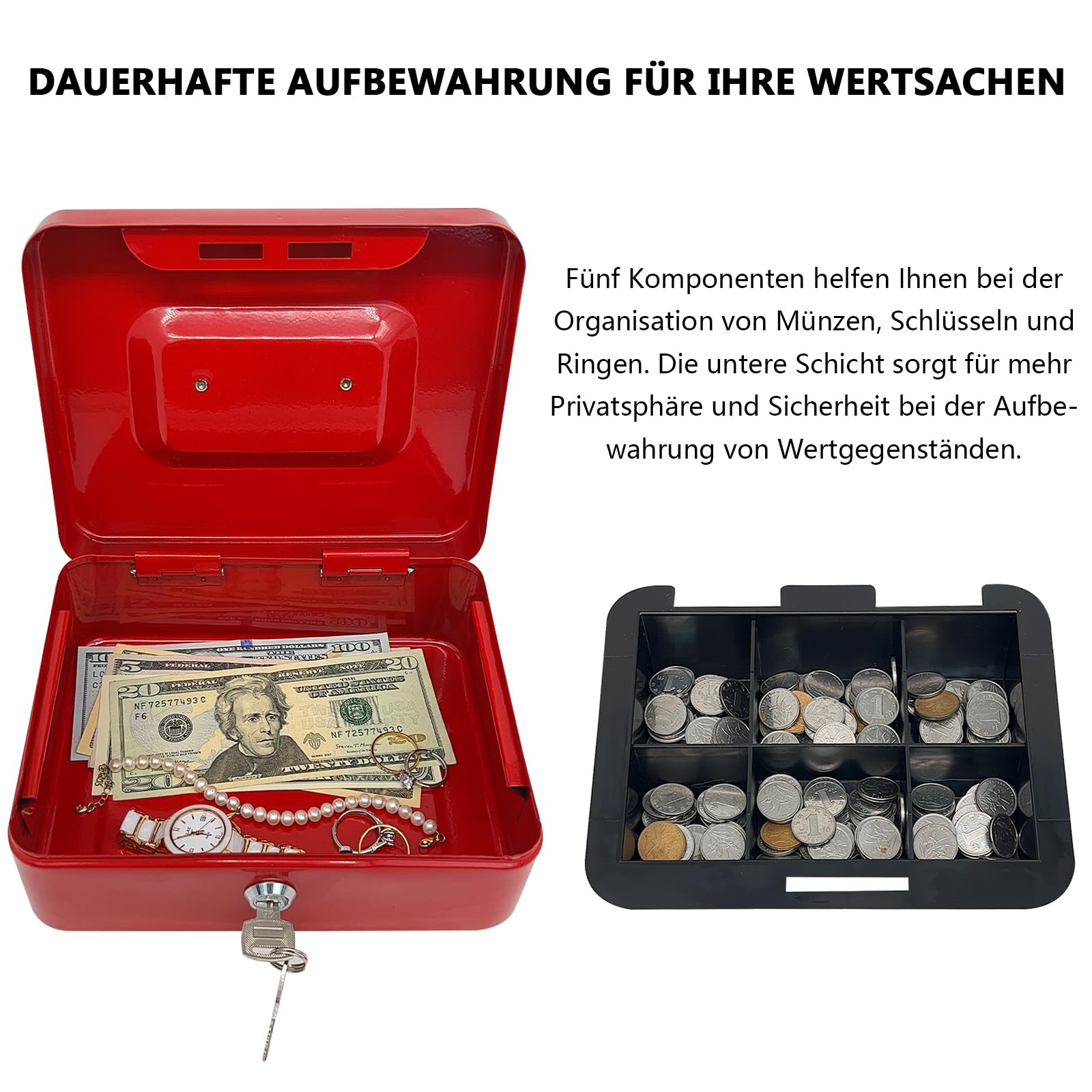 Stahlkassette mit Schlüsselschloss, Metall-Geldkassette mit Geldfach, Geldaufbewahrungsbox mit abschließbarem Deckel (Rot, 20 * 16 * 8.5 CM)