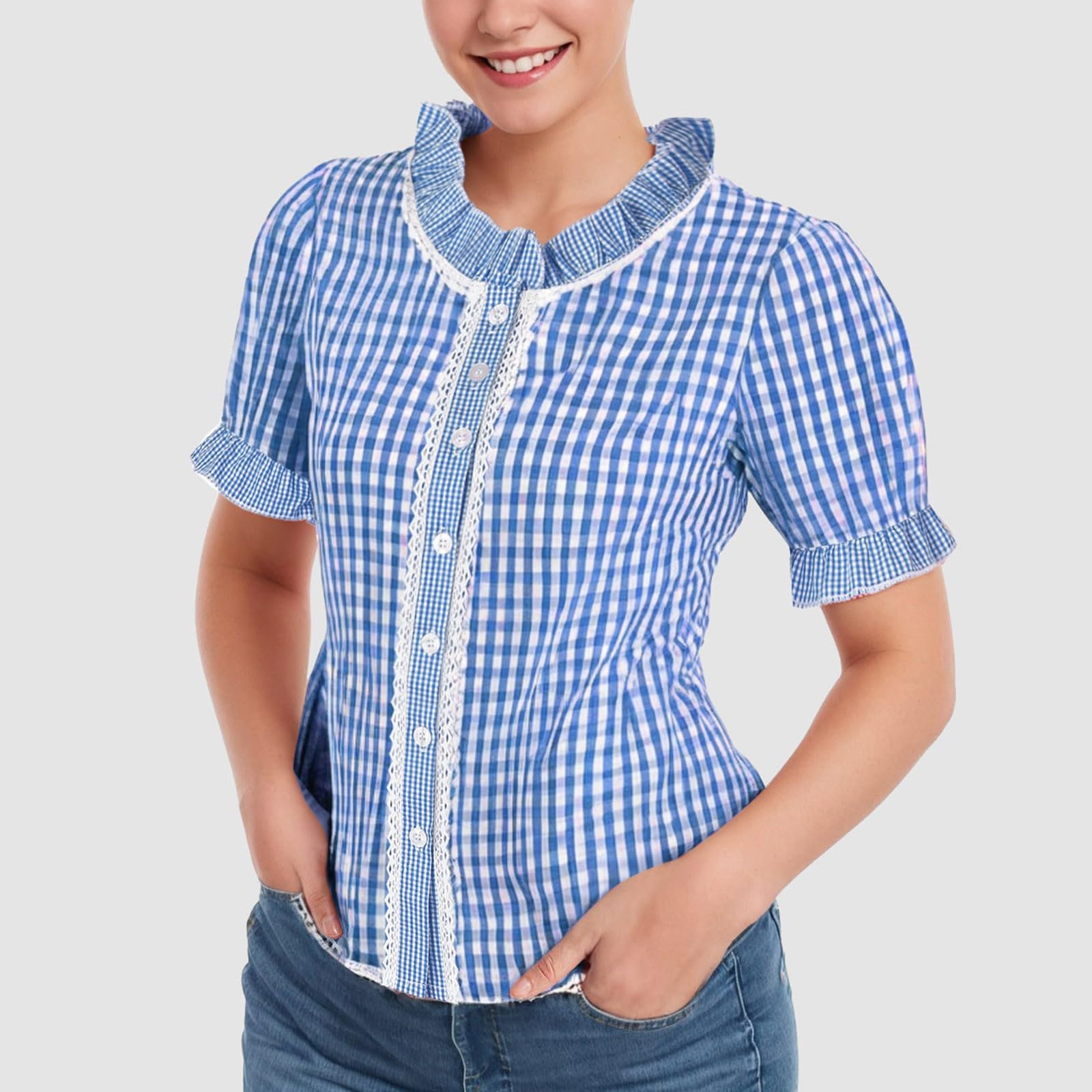 Generisch 2026 Damen Oktoberfest Trachtenbluse Rot Weiß Kariert Volksfest Karneval Karo Knöpfe Top für Zeltfest Mode