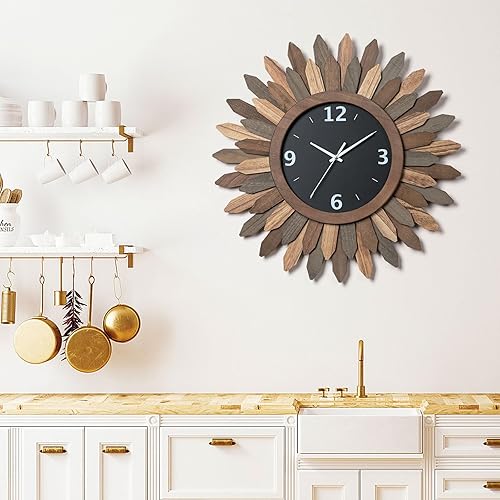 Miniatura 8 de Honiway Reloj de pared grande de 21 pulgadas, funciona con pilas, de madera rústica, estilo bohemio, reloj de pared decorativo, silencioso, sin