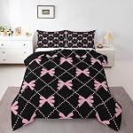 Feelyou Cute Bowknot Comforter Ribbon Bow Tie Bedding Set for Kids Boys Girls Dreamy Princess Comforter Set Black and Pink Quilt Set with 1 Pillowcase 2Pcs Bedding Twin