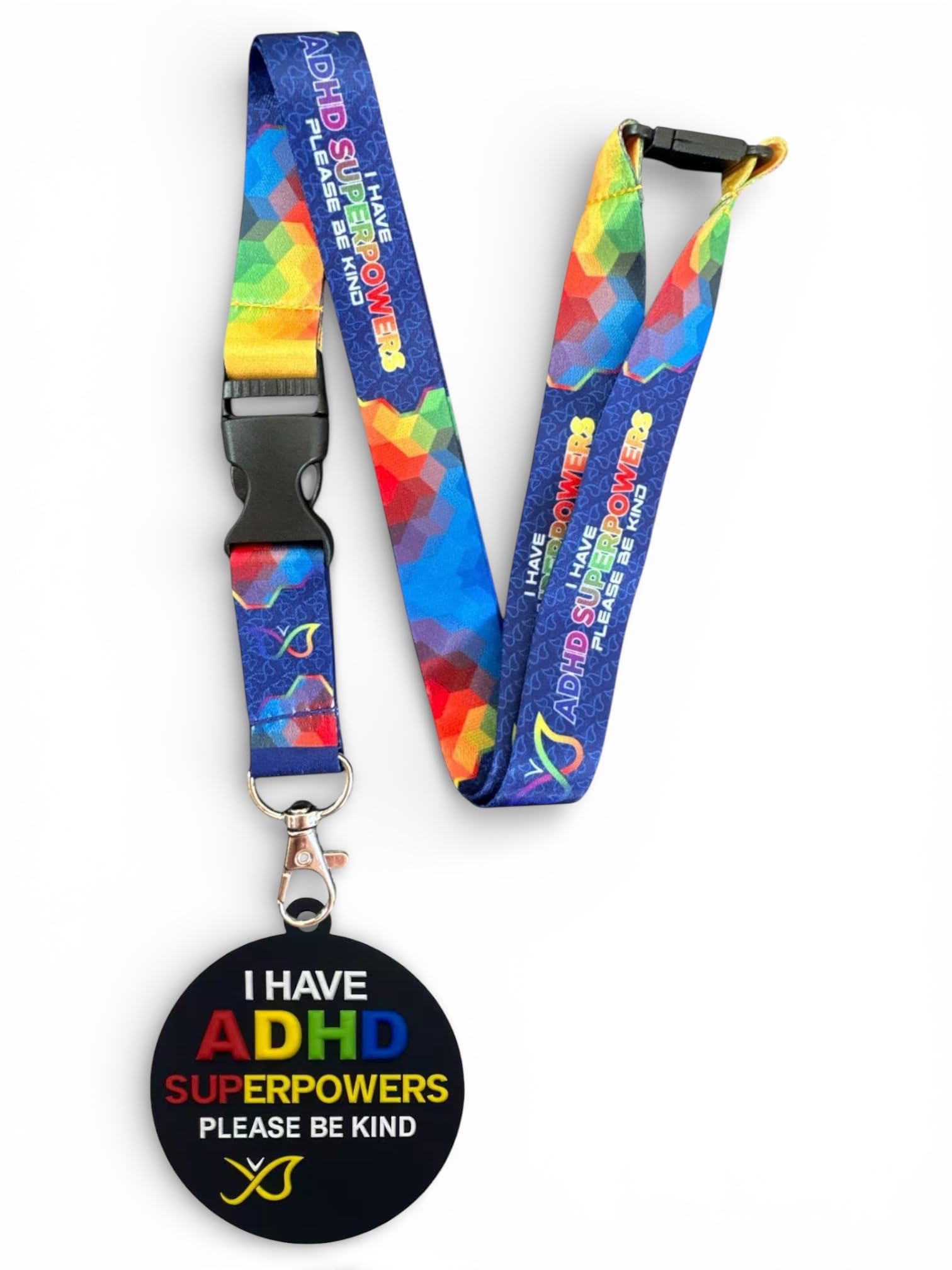 PAC Supplies Global ADHD Awareness Lanyard, I Have ADHD Super Powers, Please Be Patient With Me & Matching Visual Awareness ADHD 3D Silicone Disc Tag (Adult)