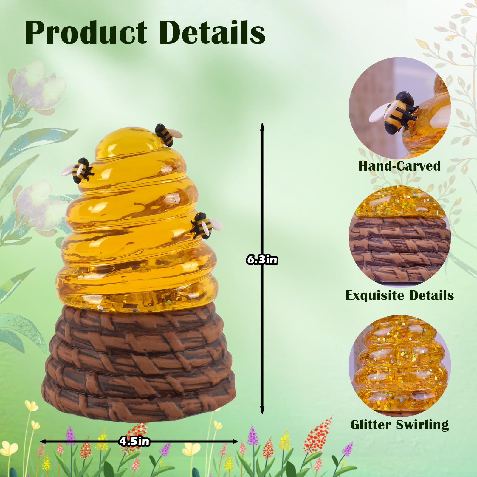 Boule à neige en miel avec minuterie de 6 h, boules à neige à paillettes tourbillonnantes pour printemps et été, fonctionne avec USB/piles, pour la journée mondiale des abeilles, le printemps, les