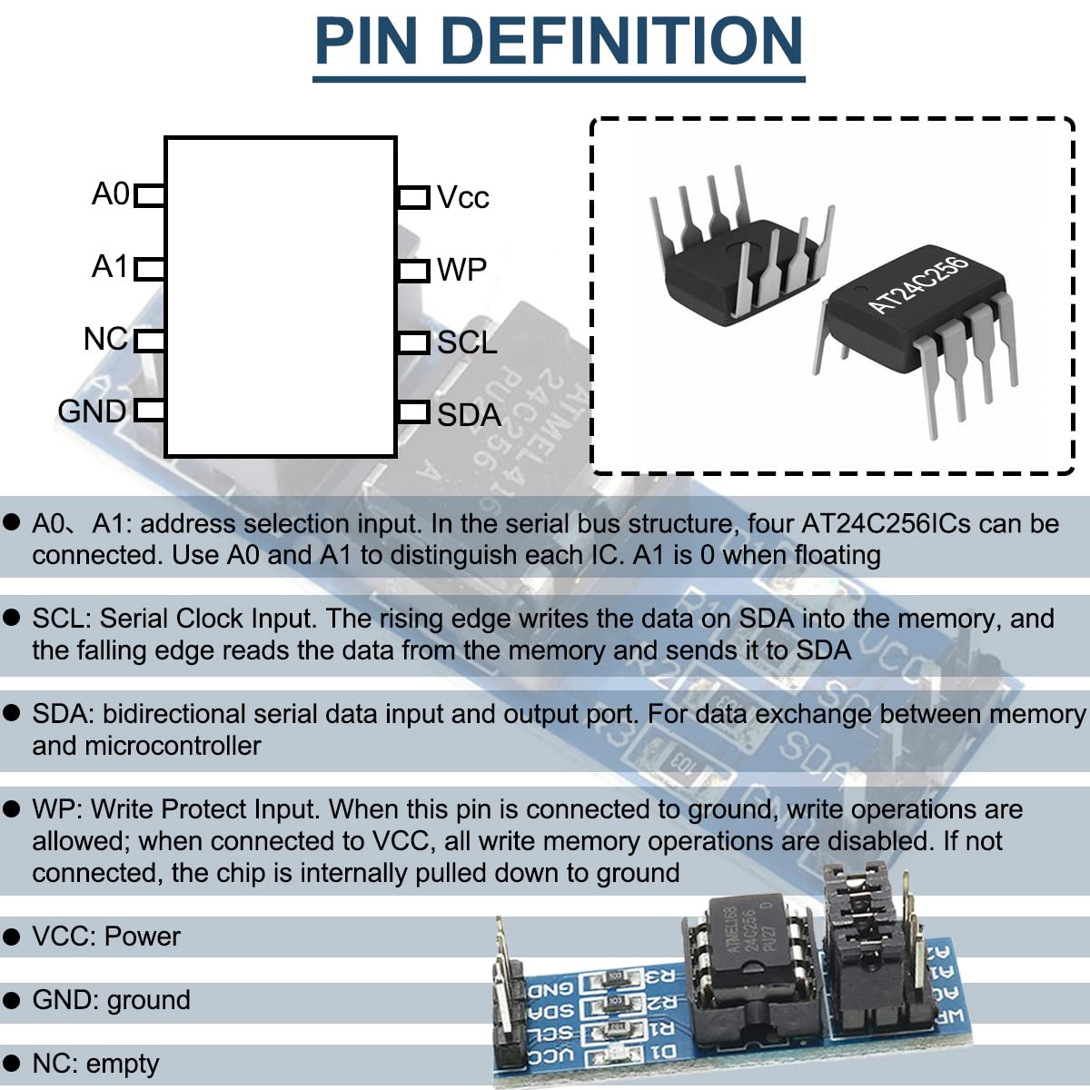 Hailege Lot De 5 Modules EEPROM AT24C256 I2C 256K Bits – Mémoire Haute Capacité Pour Arduino Et Projets Électroniques