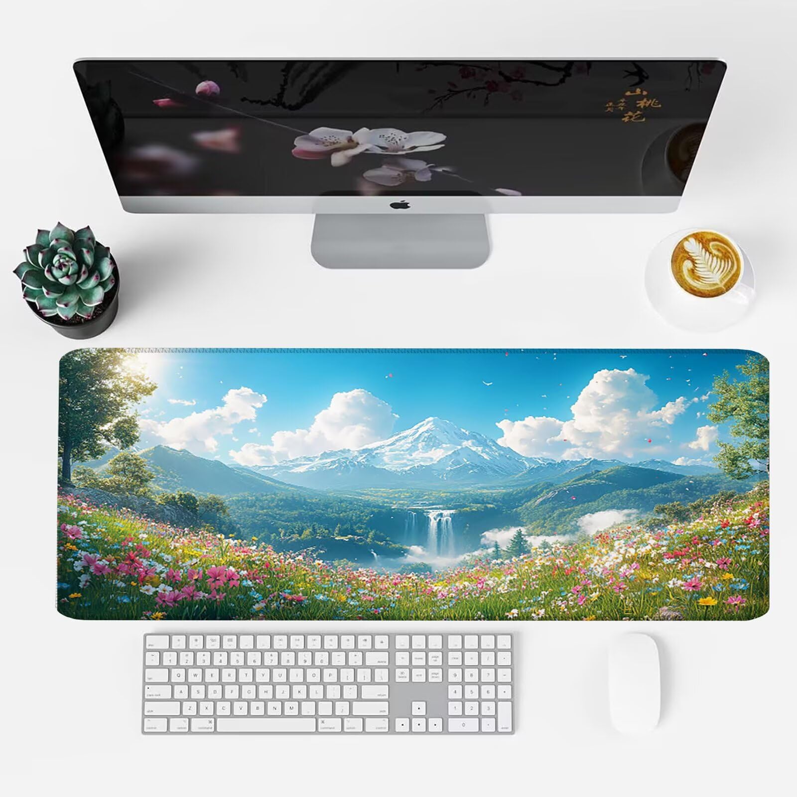 Großes Mauspad XXL 1500 x 800 mm Gaming Mousepad Nähten Rändern rutschfeste Gummibasis Glatter Oberfläche, Wasserdicht und Ianglebig Schreibtischunterlage, Office Mouse Pad Büro (Berg Blume) W0G1-497