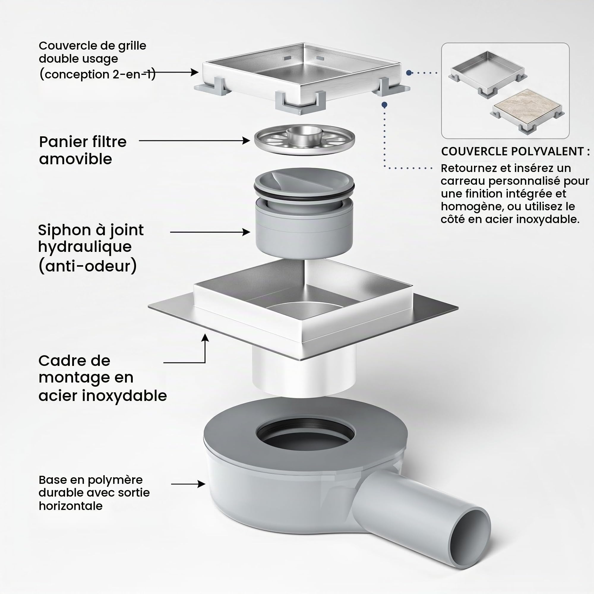Caniveau de douche en acier inoxydable Duadratisch - 15 cm - 2 en 1 - Avec siphon à 360° - Joint d'eau et filtre à cheveux améliorés - 2 adaptateurs de vidange DN50 DN40 - Argenté