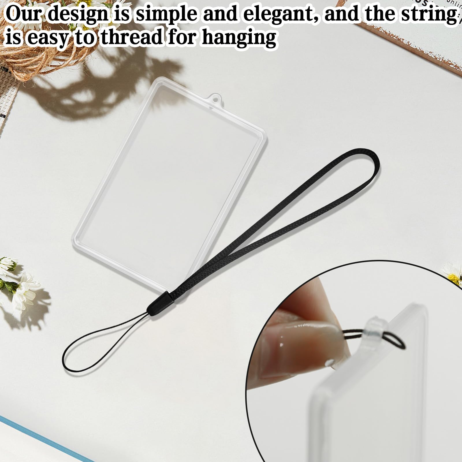 HINGTAI Marco de fotos para coche con 4 tarjeteros transparentes y cuerda negra, adorno personalizado para espejo retrovisor