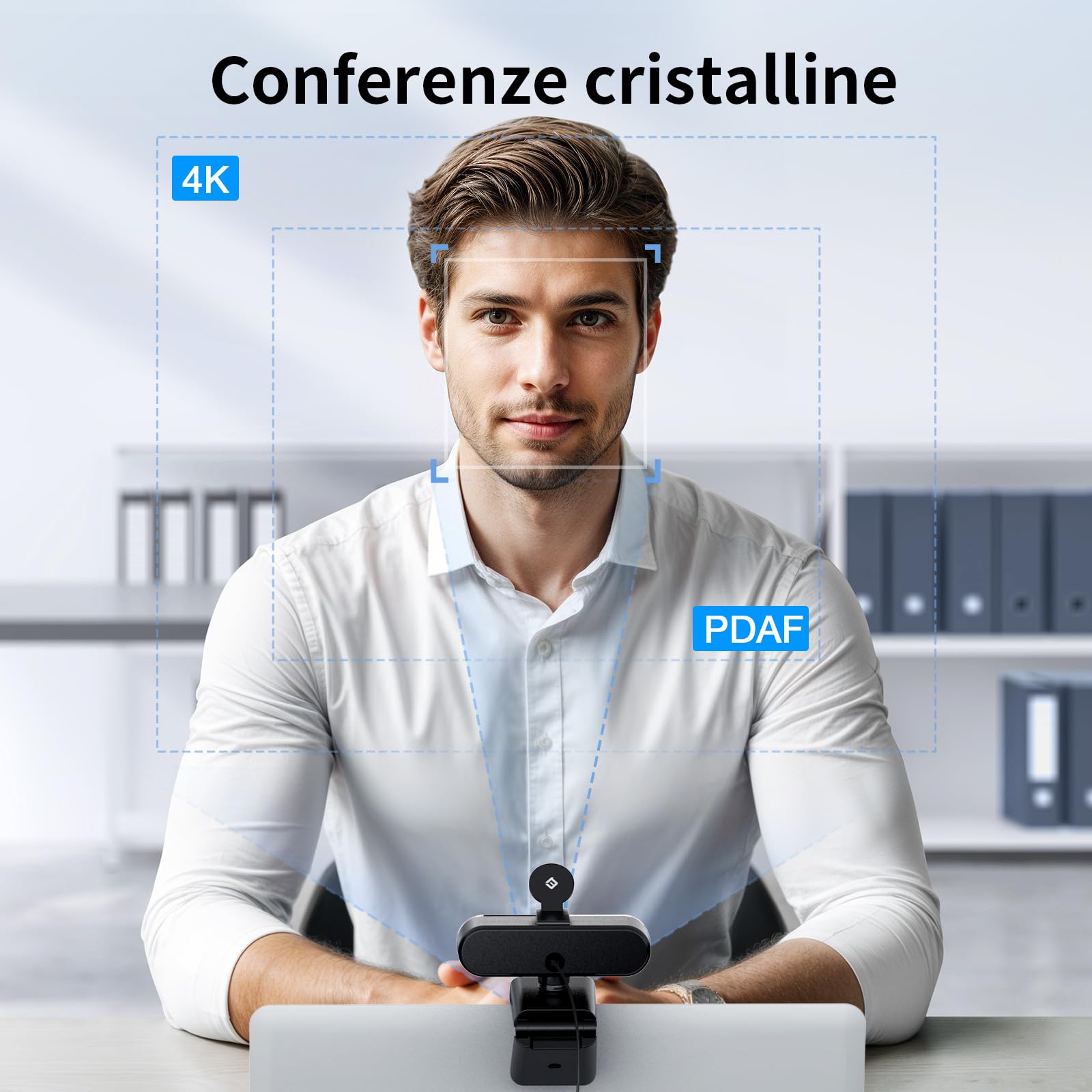 Webcam NOVA 4K, Webcam 4K con 2 Microfoni con presa d'aria, Camera Ultra HD con Visuale e Copertura dell'oggetto a 73°, Correzione Automatica della Luce PDAF, Web Cam per Mac, Laptop, Zoom, Skype