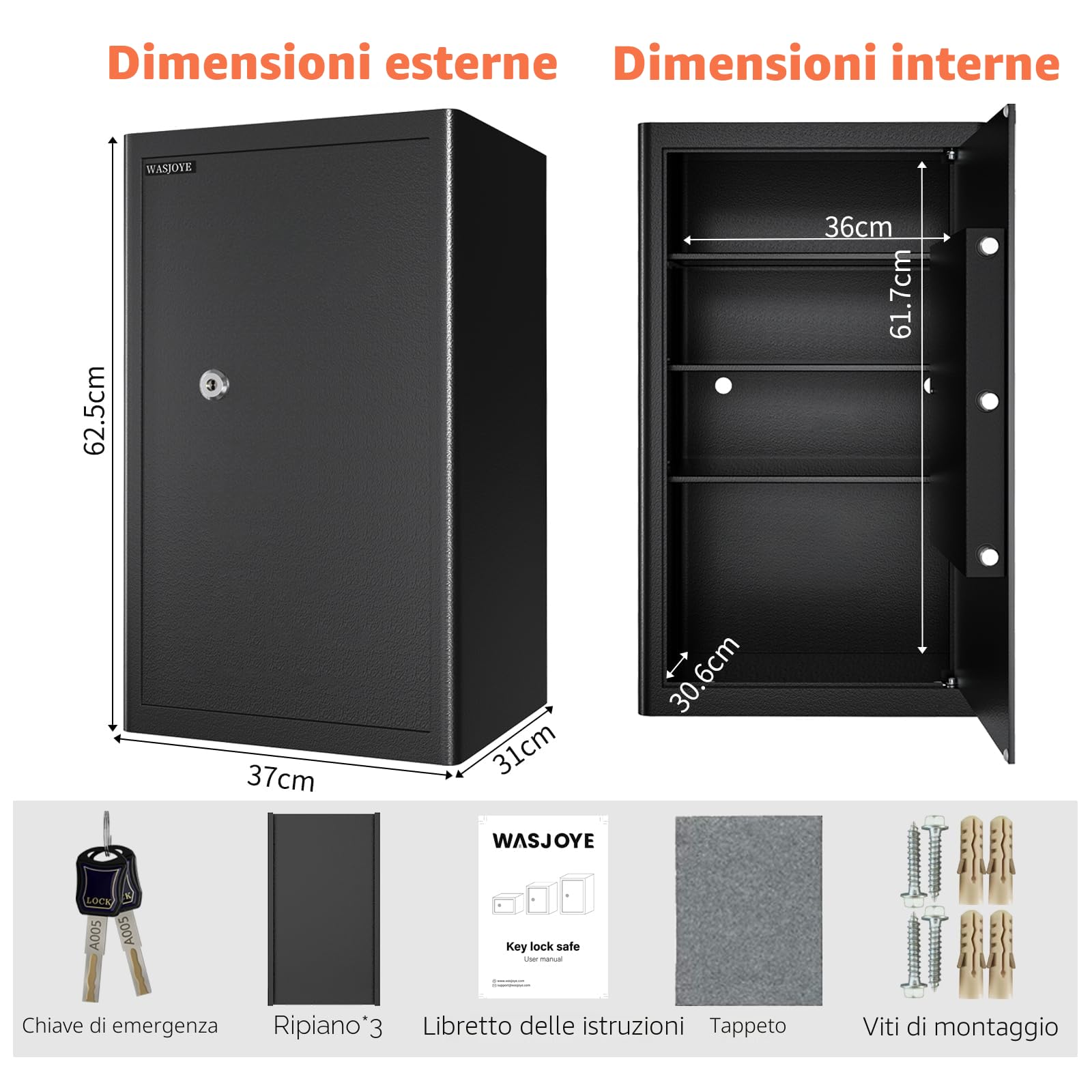 WASJOYE Cassaforte con Chiave, Cassaforte a Muro con Serratura 2 Chiaves (63×37×31cm), Cassetta di Sicurezza da Pavimento, Casa/Ufficio Casseforti da Armadio per Soldi Telefono Medicina Passaporto