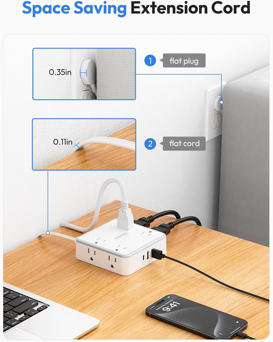NTONPOWER Extension Cord 25 FT, Flat Plug with 8 Widely Outlets 3 USB Ports (1 USB C), Wall Mountable 1080J Long Surge Protector Power Strip, Desk Charging Station Dorm Room Essentials