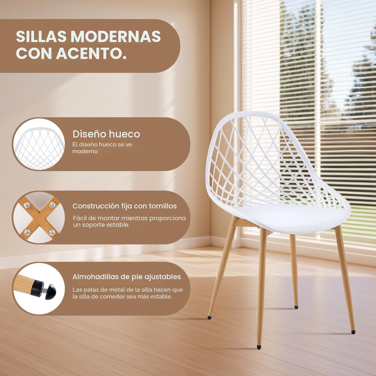 buybyroom Sillas Comedor Pack 6, Sillas de Comedor Modernas con Patas de Metal y Respaldo Ergonómico, para Comedor,Cocina, Reuniones, Salon, Recepción, Blanca