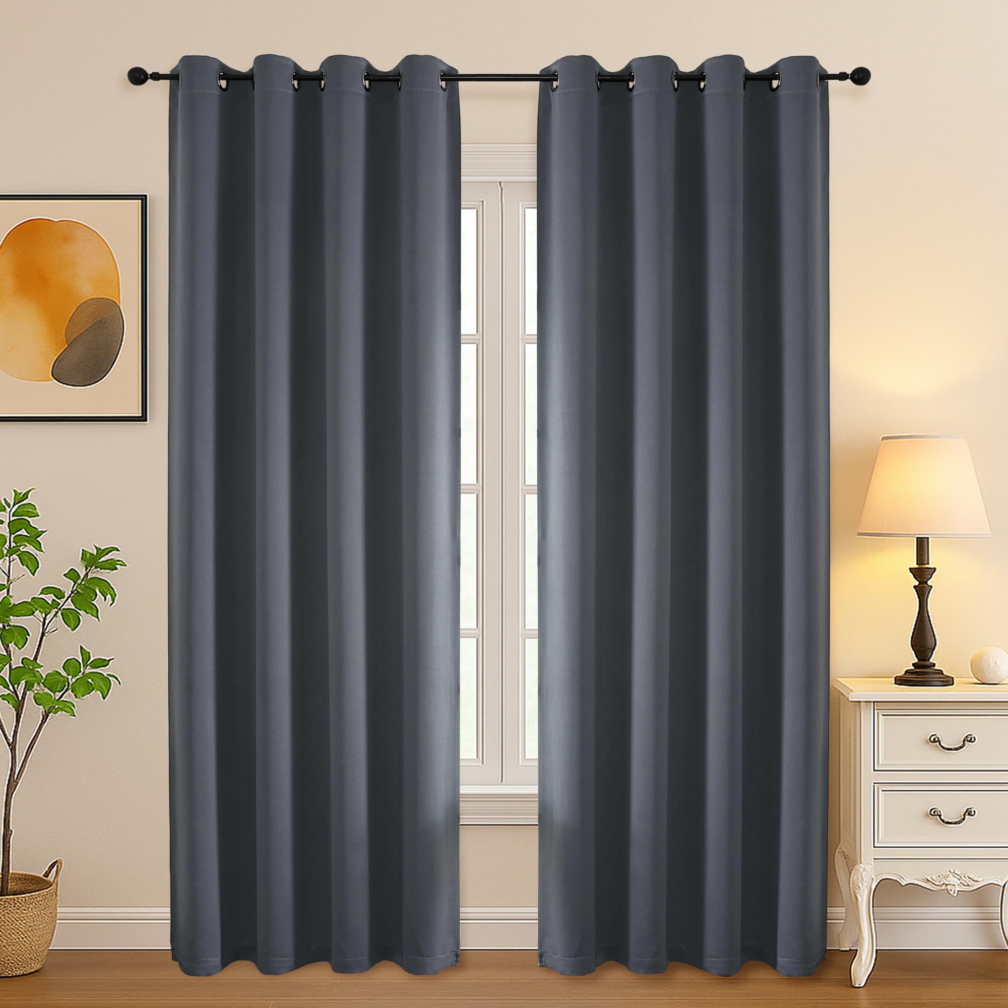 Simplebrand Grey Room Darkening Curtains for Bedroom Living Room 84 Inch Length 2 Panels Set, Thermal Insulated Curtains &amp; Drapes, Solid Grommet Noise Reducing Window Treatment, W50 x L84 Inch