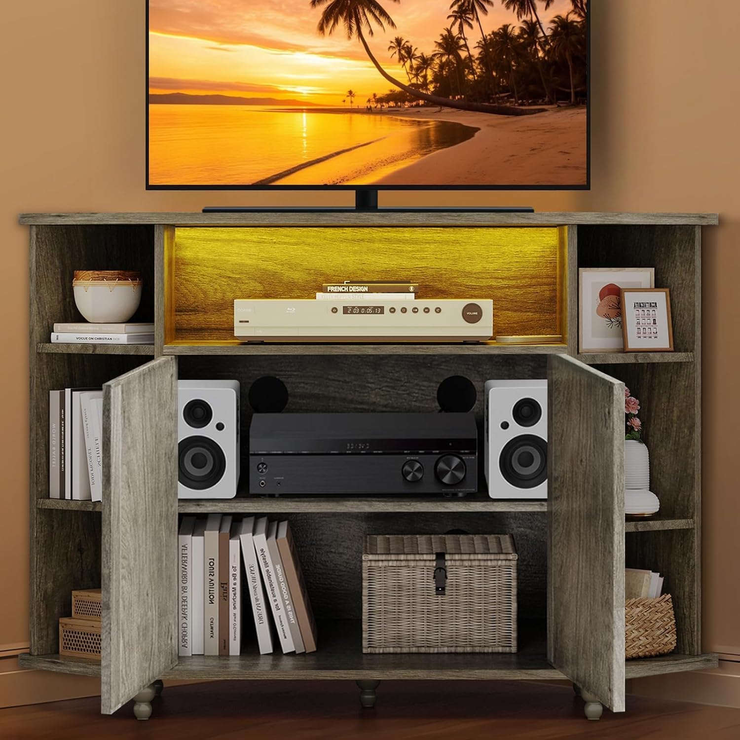 4 EVER WINNER Corner TV Stand for 50 Inch TV, Farmhouse Corner Entertainment Center with Led Light, Open Storage, Adjustable Shelves, TV Cabinets for Living Room, Bedroom, Grey