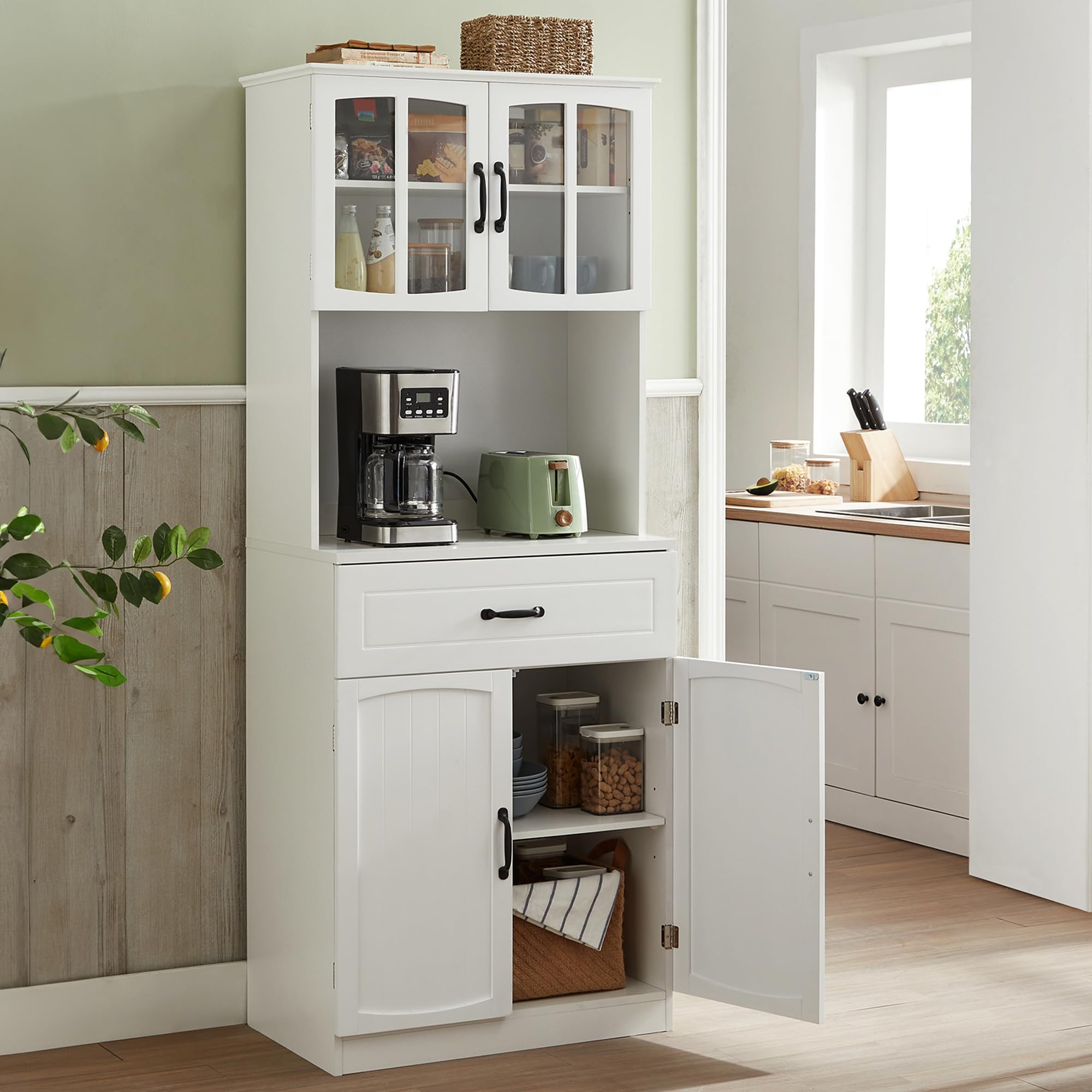 VASAGLE Buffet Haut Cuisine, Meuble de Rangement, Garde-Manger, Vaisselier, avec Portes en Verre et Étagères Réglables, Trou de Passage des Câbles, pour Micro-Ondes, Style Moderne, Blanc LSC361W21