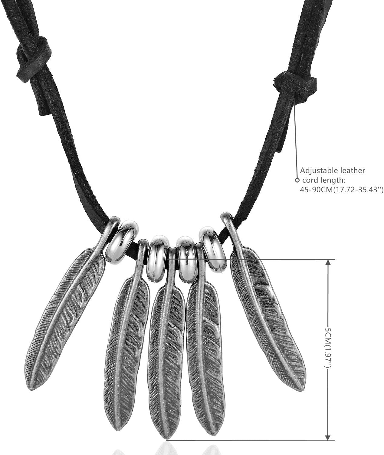 Vintage Feather Leaf, Guitar, Two Circles, Sword Cross Pendant Necklace, Adjustable Brown Leather, Ethnic - Image 3