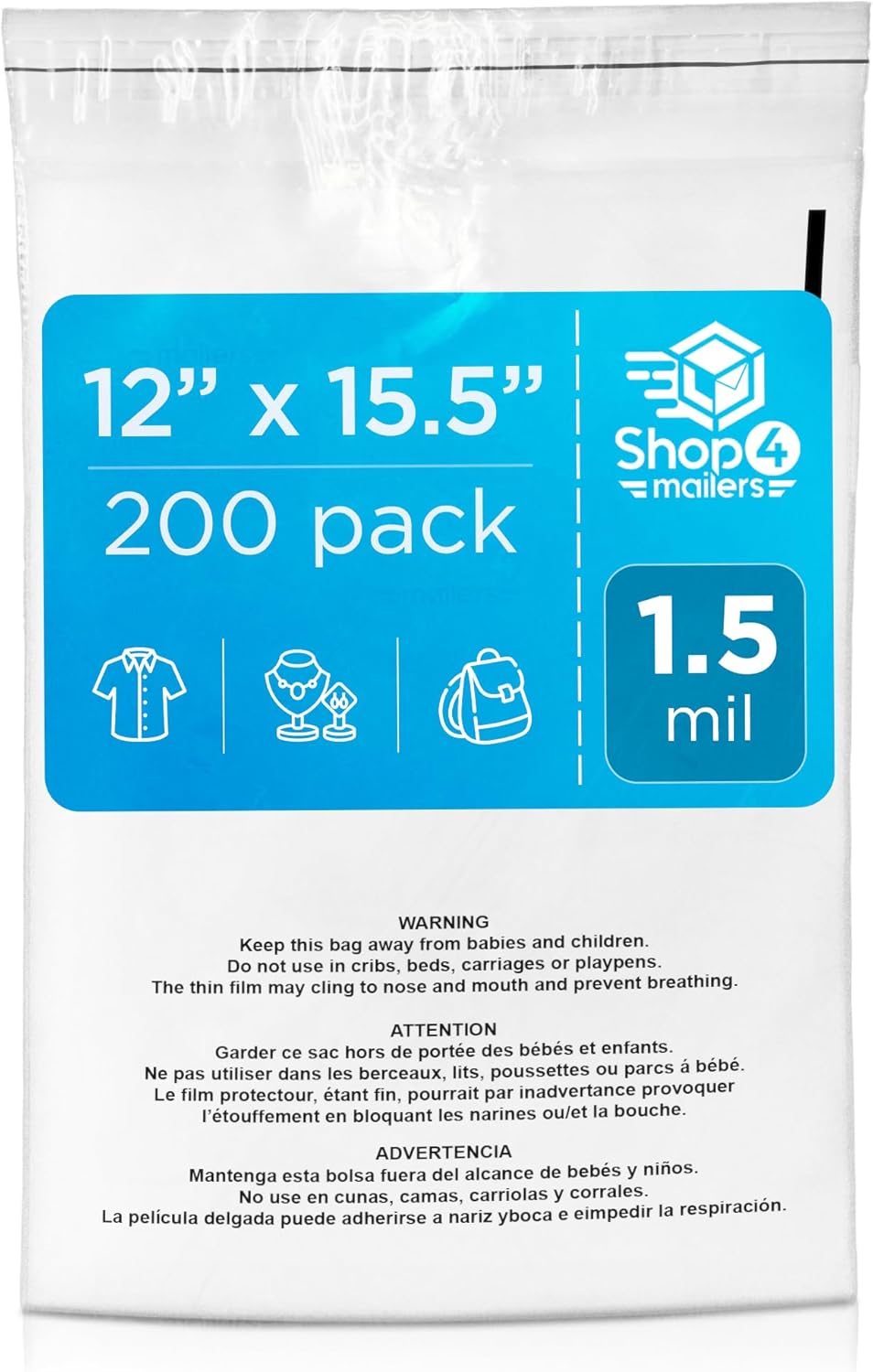 Shop4Mailers 12x15.5 Clear Poly Bag with Suffocation Warning – Self-Seal Adhesive, 1.5 Mil Clear Bag for FBA, Packaging Bags, Clothes Storage, & Shipping Bags – Resealable Poly Mailers (Pack of 200)