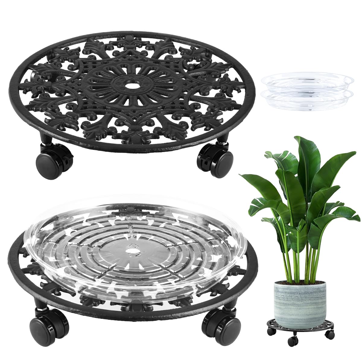 View 1 of 2 Pack Plant Caddy with Wheels, PlanterHoma 14 Inch Metal Plant Stand with Wheels Heavy Duty Wrought Iron Planter Dolly Rolling Stand Plant Roller with Casters for Indoor and Outdoor with 2 Pack Saucers