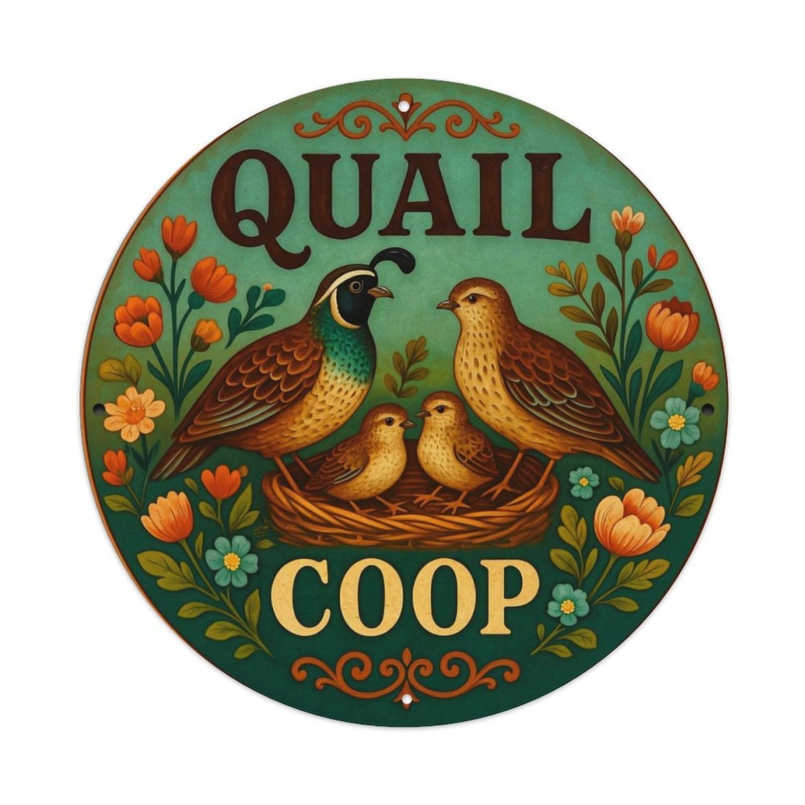 Quail Coop Nest Flowers Birds Round Metal Tin Sign Vintage Wall Decor, Bar Garage Cafe Kitchen Home Wall Art Poster 8x8inches