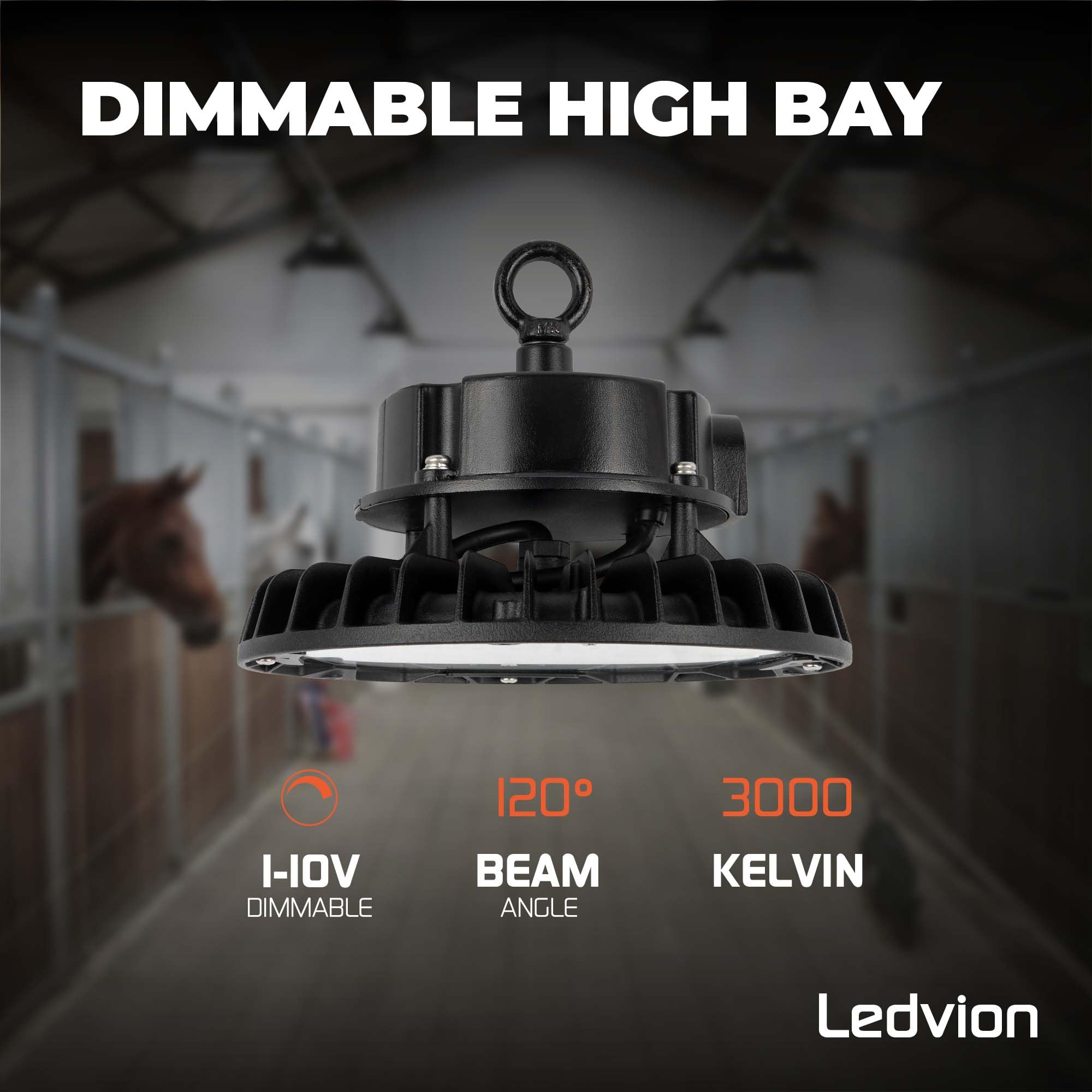 Ledvion - Sterownik LED High Bay 100 W, możliwość ściemniania, 175 lm/W, 17.500 lm, 3000K, IP65, 5 lat , lampa UFO