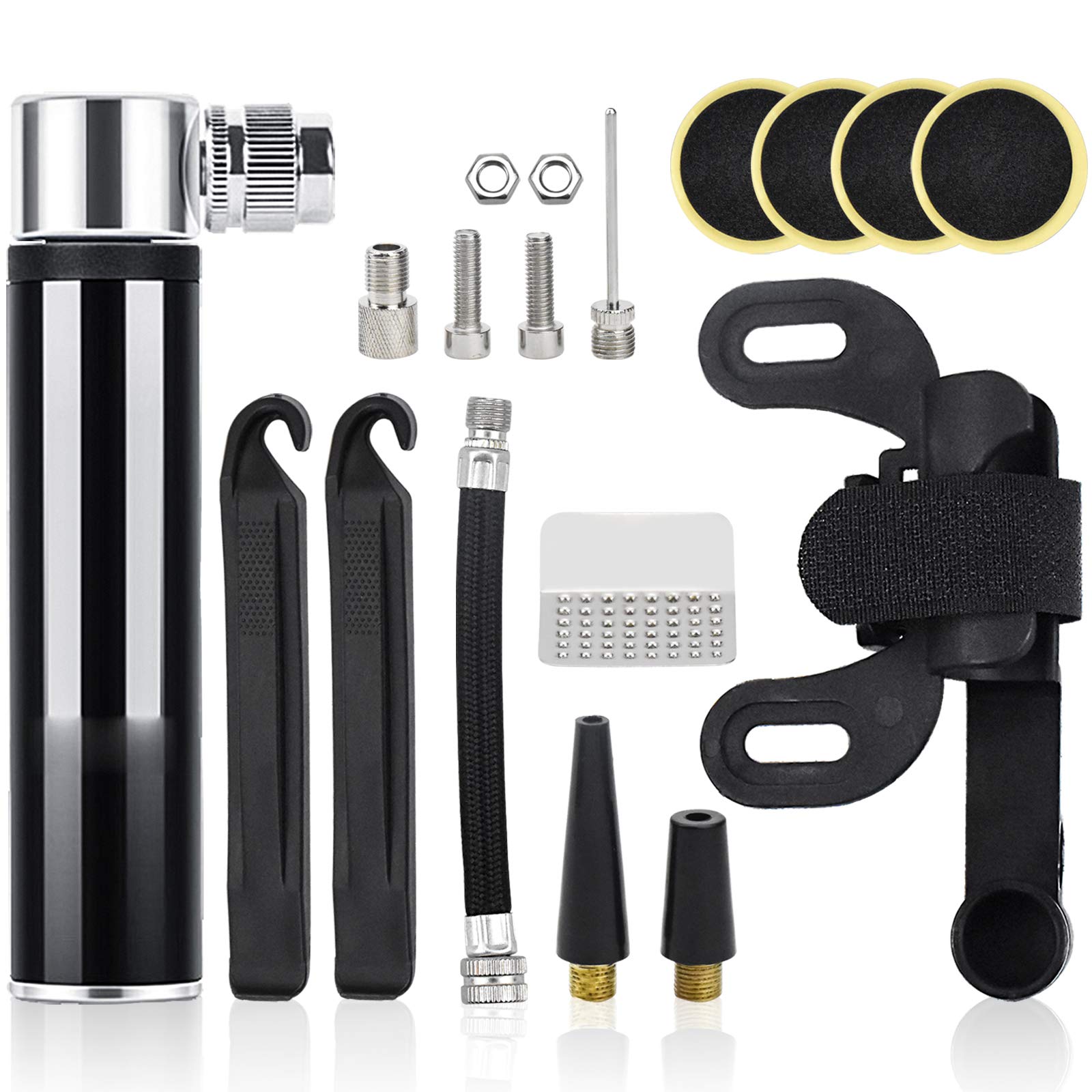 Mini Black Bike Tyre Pump, Portable Compact Bicycle Pump with 120 PSI Bicycle Air Pump with Manometer, Schrader & Presta Valve, Free Patch Kit and Portable Pocket, for Road, Mountain & BMX Cycling