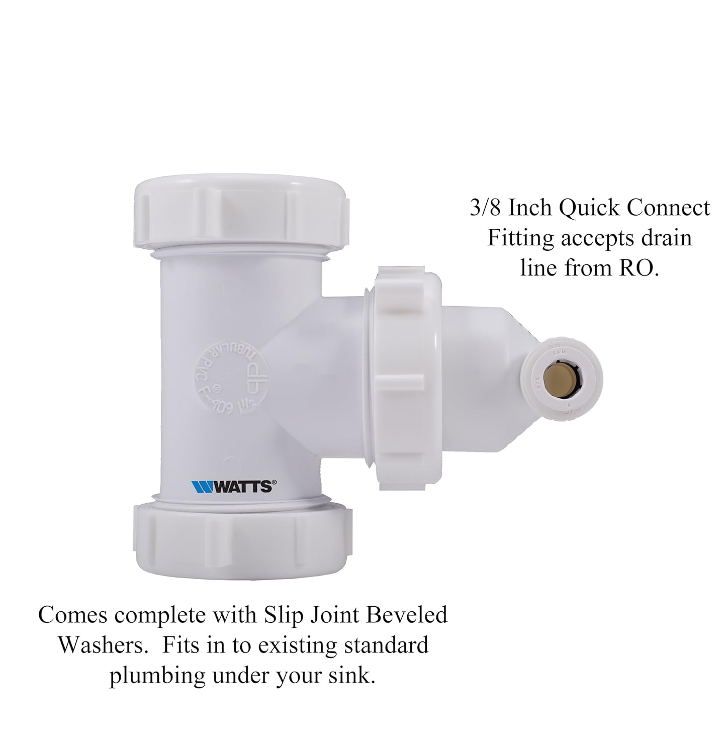 Watts Premier 1-1/2" Universal Drain Line Adapter for RO Reverse Osmosis Systems in Single or Multi-Compartment Sinks without Disposal, 3/8" Tubing, No Drilling Required, White