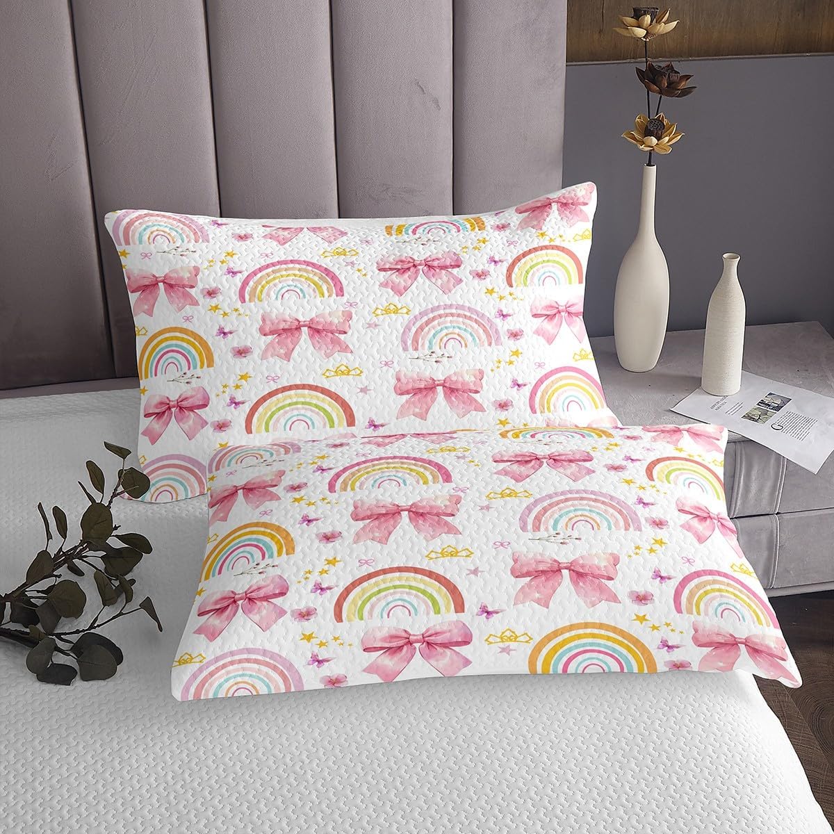 Erosebridal Yellow Cartoon Rainbow Coverlet Sets Queen Pink Kawaii Bowknot Bedspread Set for Kids Girls Teen Women,Dreamy Princess Style Quilt Sets Star Rainbow Bed Set