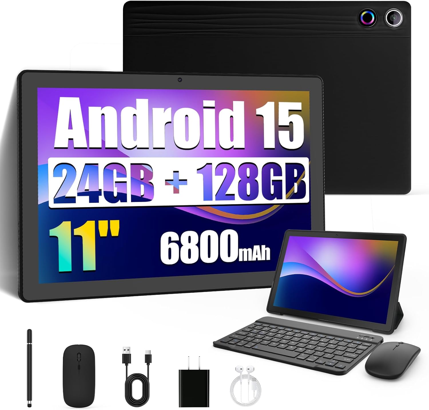 Evermyth Android 15 Tablet 11 Inch, 6800mAh, 24GB RAM+128GB ROM (TF 1TB) with Octa-Core, 1280 * 800P, Widevine L1+OMS, WiFi 6, Bluetooth 5.4, 8 in 1 Tablet with Keyboard, Mouse, Black