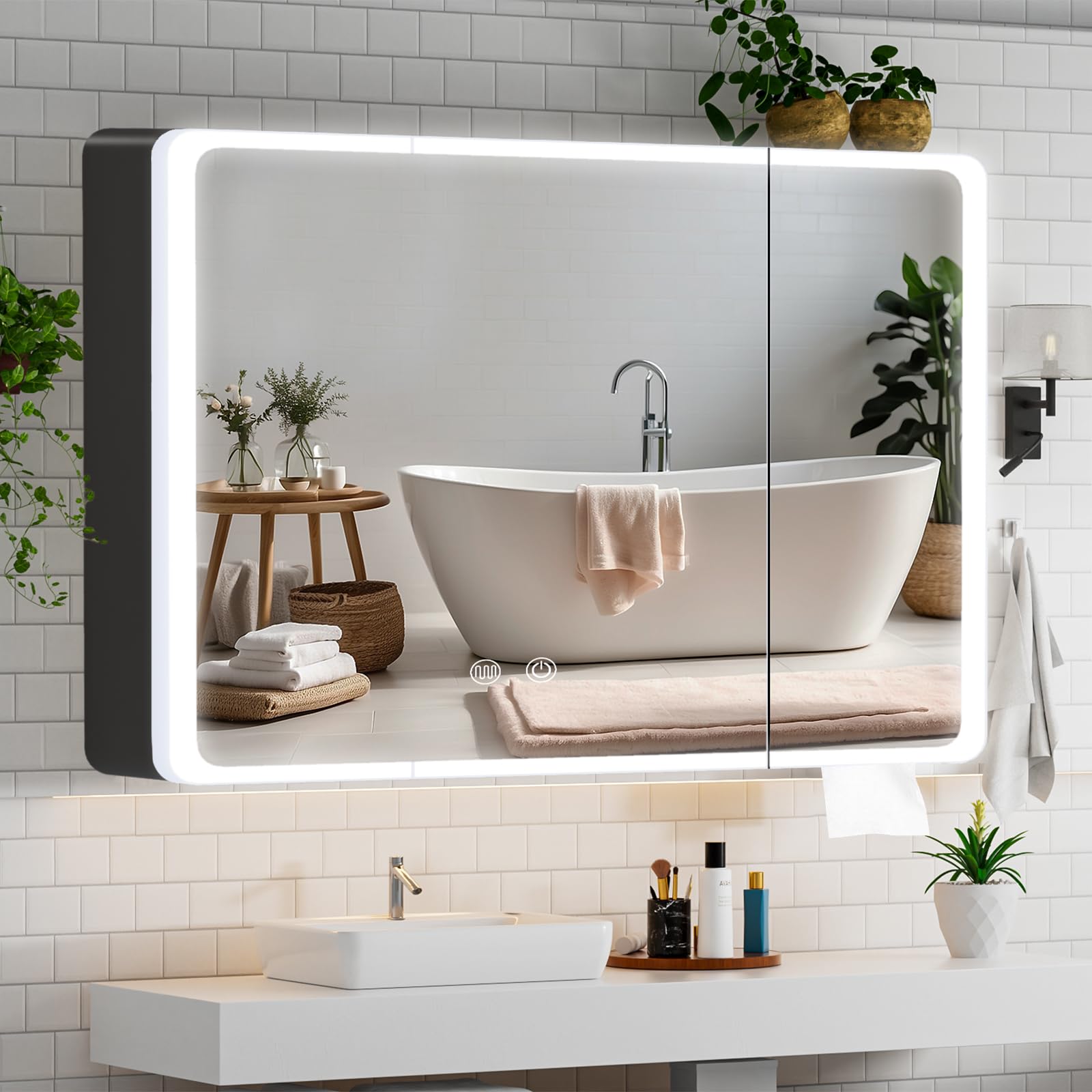 Umeiga Black Medicine Cabinet with Lights, Pre-Assembled Bathroom Medicine Cabinets with Mirror, Lighted Bathroom Mirror with Storage, 28" H x 32" W x