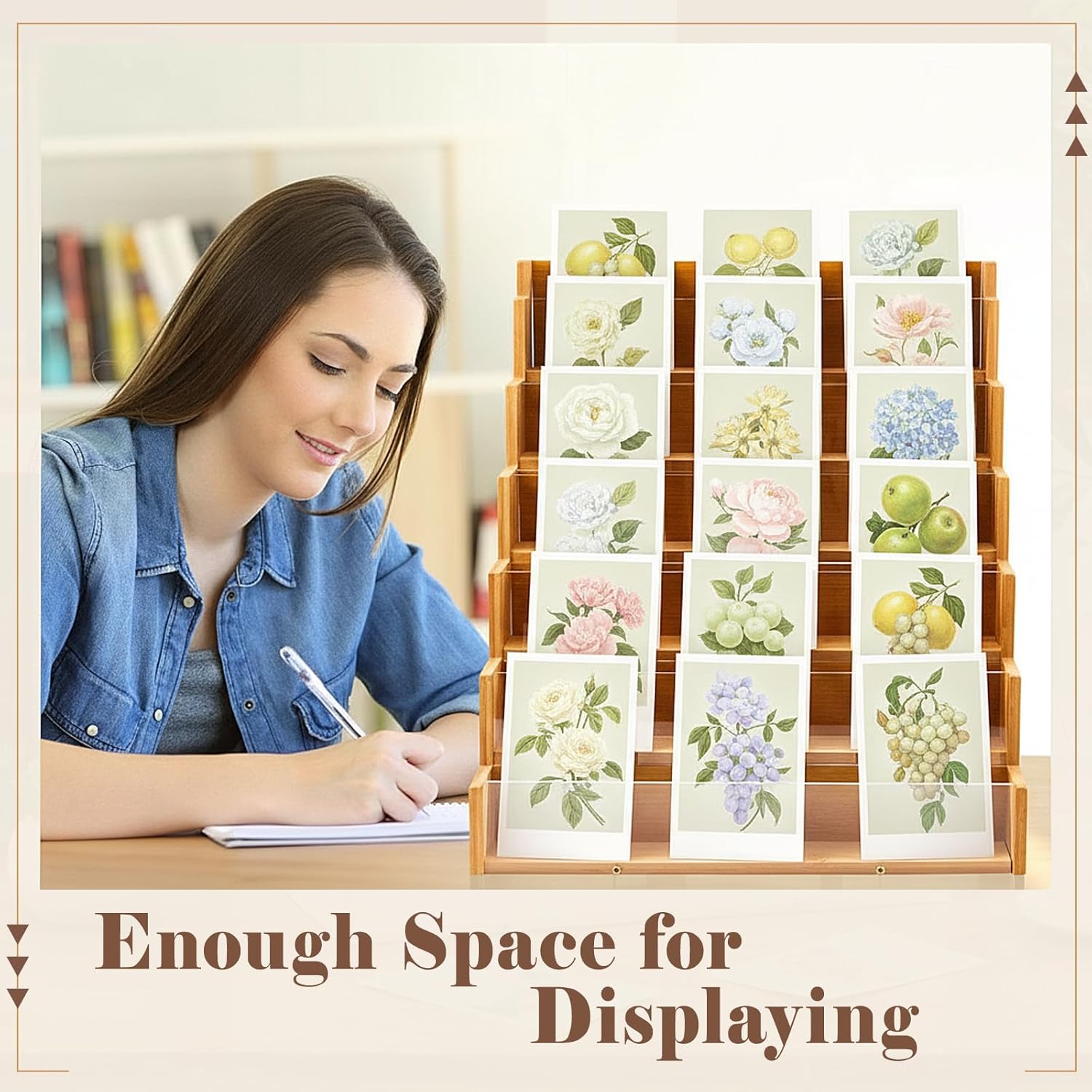 Yuntau 6 Tier Greeting Card Display Stand Wood Color Bamboo and Acrylic Sticker Display Stand Trading Card Holder Retail Photos Shelf for Vendors Craft Collection & Show