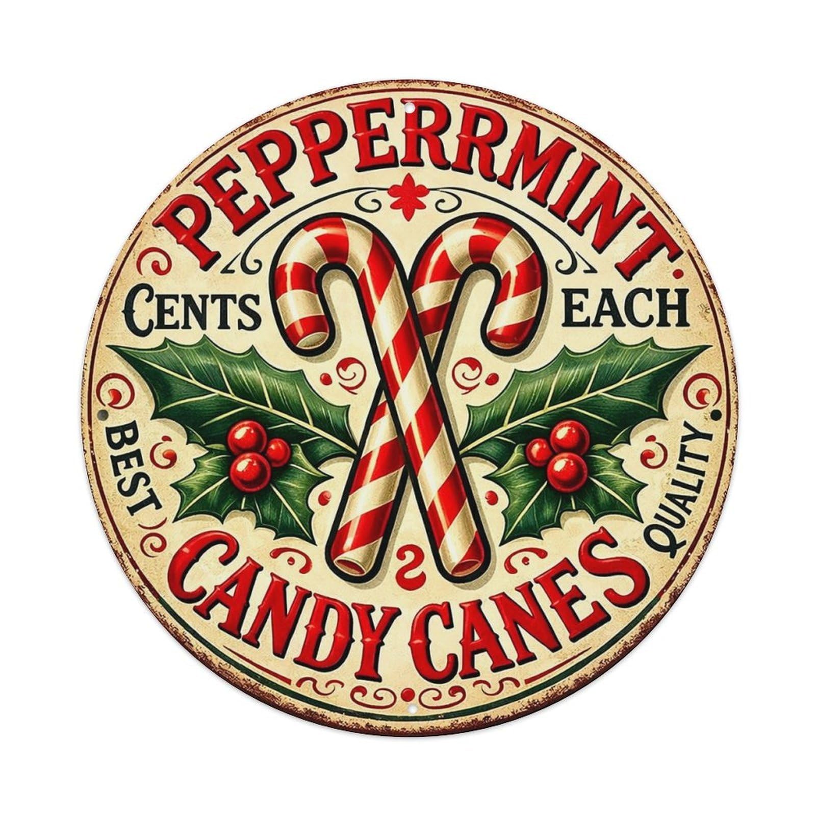 Peppermint Candy Canes Cents Each Vintage Round Tin Sign Retro Metal Wall Decor Metal Poster, Home Bar Garage Cafe Wall Art Decoration 8x8Inches