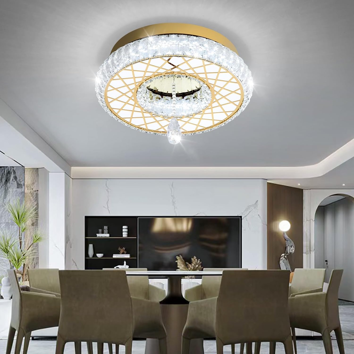 Dia 16" Modern Crystal Chandeliers Dimmable Chandelier 3 Rings LED Flush Mount Ceiling Light for Living Room Dining Room Bedroom Gold