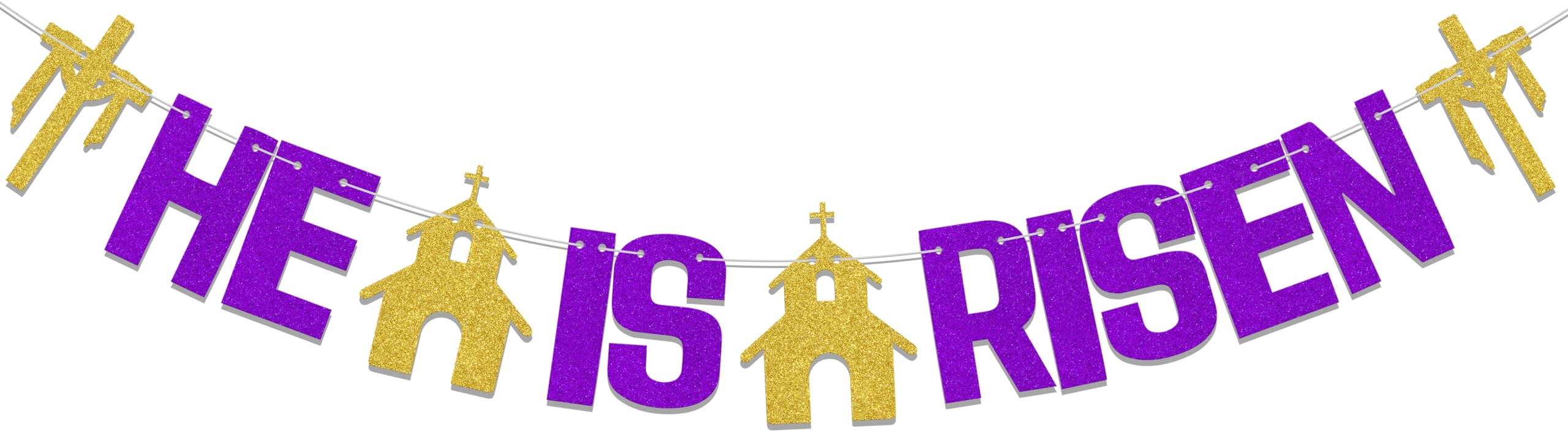 He Is Risen Banner,Happy Easter Day Party Decorations, Holiday Party Decor For Welcome Easter Resurrection Spring Holiday Party Supplies Gold Purple