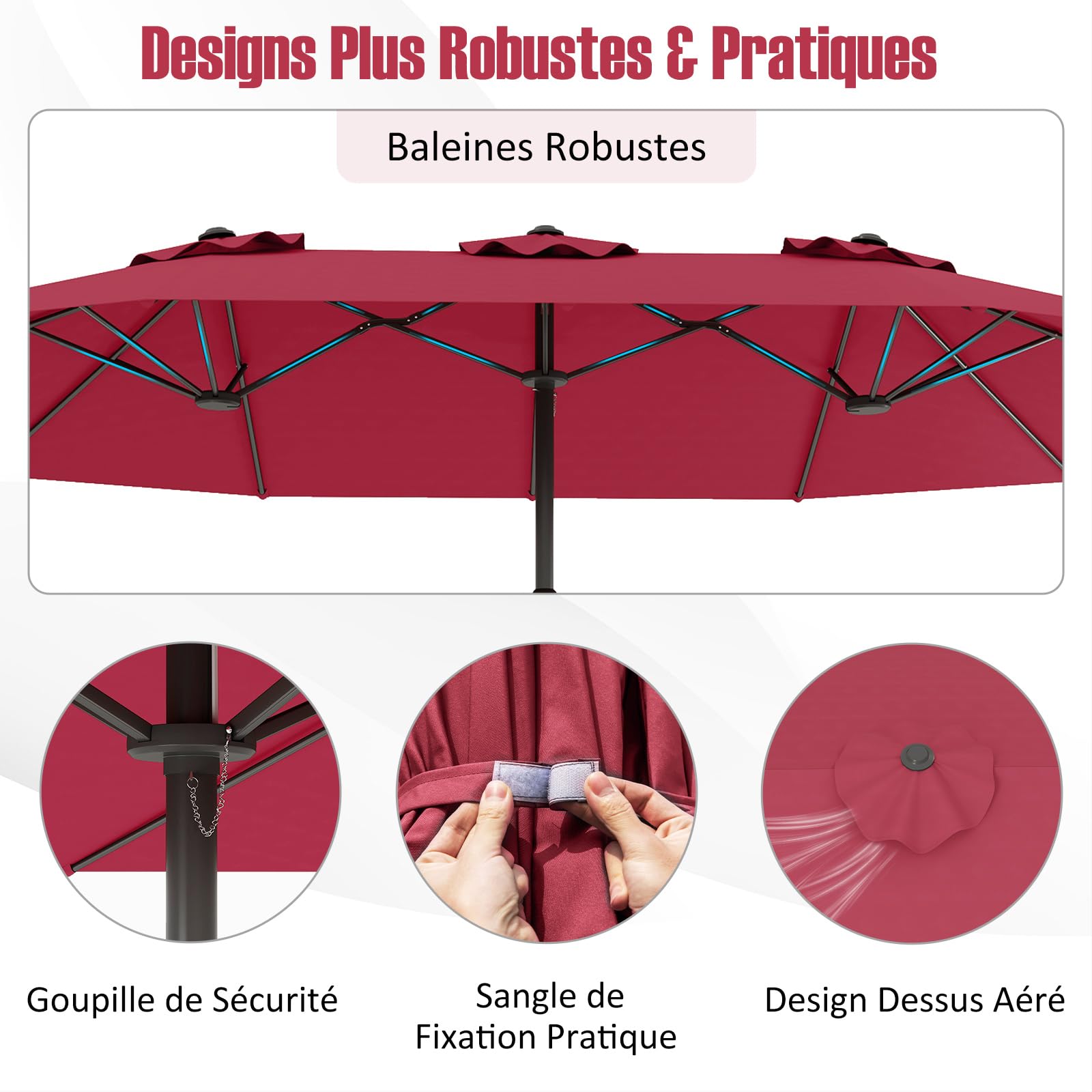 RELAX4LIFE Grand Parasol Double avec Pied 4,7M, Grand Parasol de Jardin Extérieur avec Manivelle, 12 Baleines, Base Croix, Sacs de Sable, Ventilé, Protection Solaire pour Terrasse Marché (Rouge)